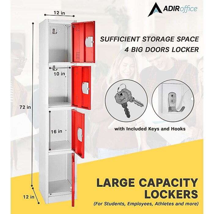 72" H x 12" W  4-Tier Steel Storage Locker with Digital Lock, Red