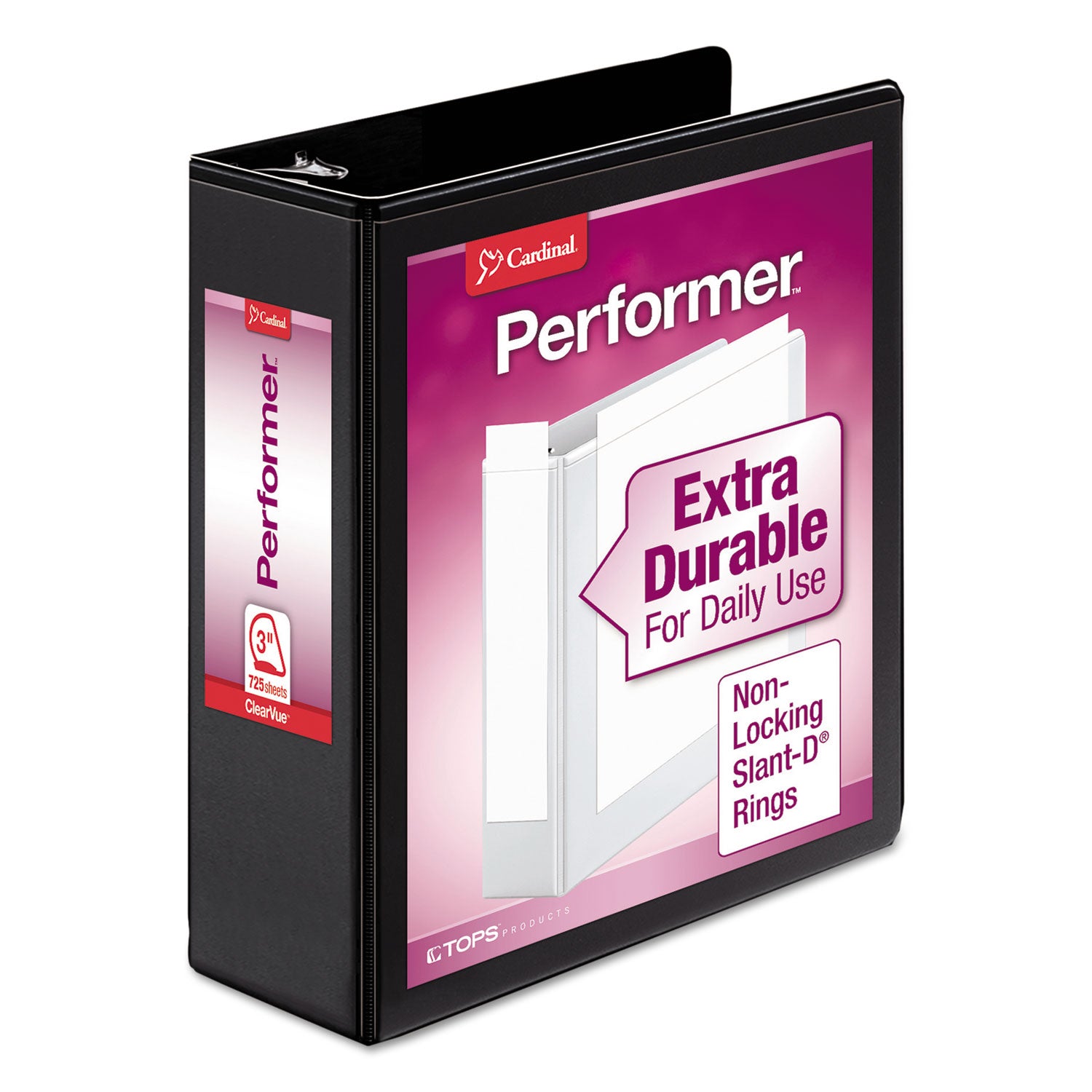 Cardinal Performer ClearVue Slant-D Ring Binder, 3" Capacity, 725 Sheet, Letter Size, 3 D-Rings, 2 Inside Pockets, Black, 1 Each