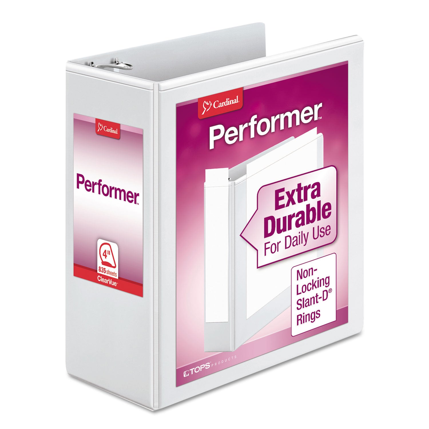Cardinal Performer ClearVue Slant-D Ring Binder, 4" Capacity, 835 Sheet, 3 Rings, 2 Inside Pockets, Letter Size, White, 1 Each