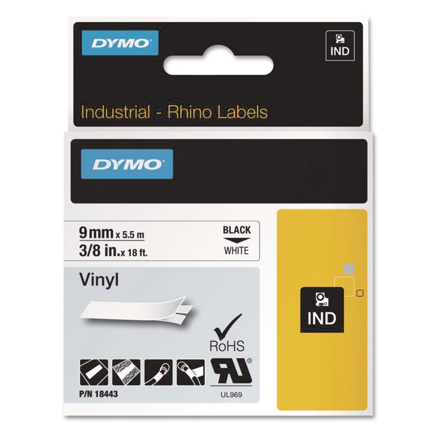 Dymo Rhino Industrial Vinyl Labels - 23/64" Width x 18 3/64 ft Length - Permanent Adhesive - Rectangle - Thermal Transfer - Black on White - Vinyl - Scratch Resistant, Oil Resistant - 1 Each