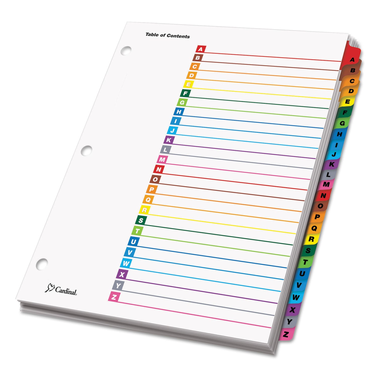 26 x Divider(s) - Printed Tab(s) - Character - A-Z - 26 Tab(s)/Set - 9" Divider Width x 11" Divider Length - Letter - 8.50" Width x 11" Length - 3 Hole Punched - White Divider - Multicolor Mylar Tab(s) - Reinforced Tab, Reinforced Edges - 1 Set