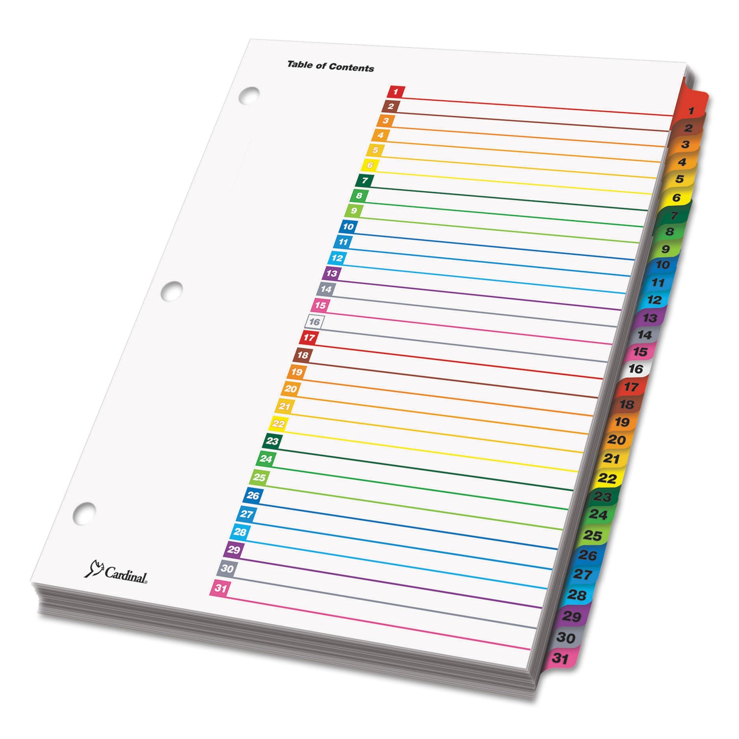 Cardinal OneStep Daily Index System, 31 Dividers, 1 Set, Letter Size, White with Multicolor Mylar Tabs, 3-Hole Punched, Reinforced Tabs and Edges