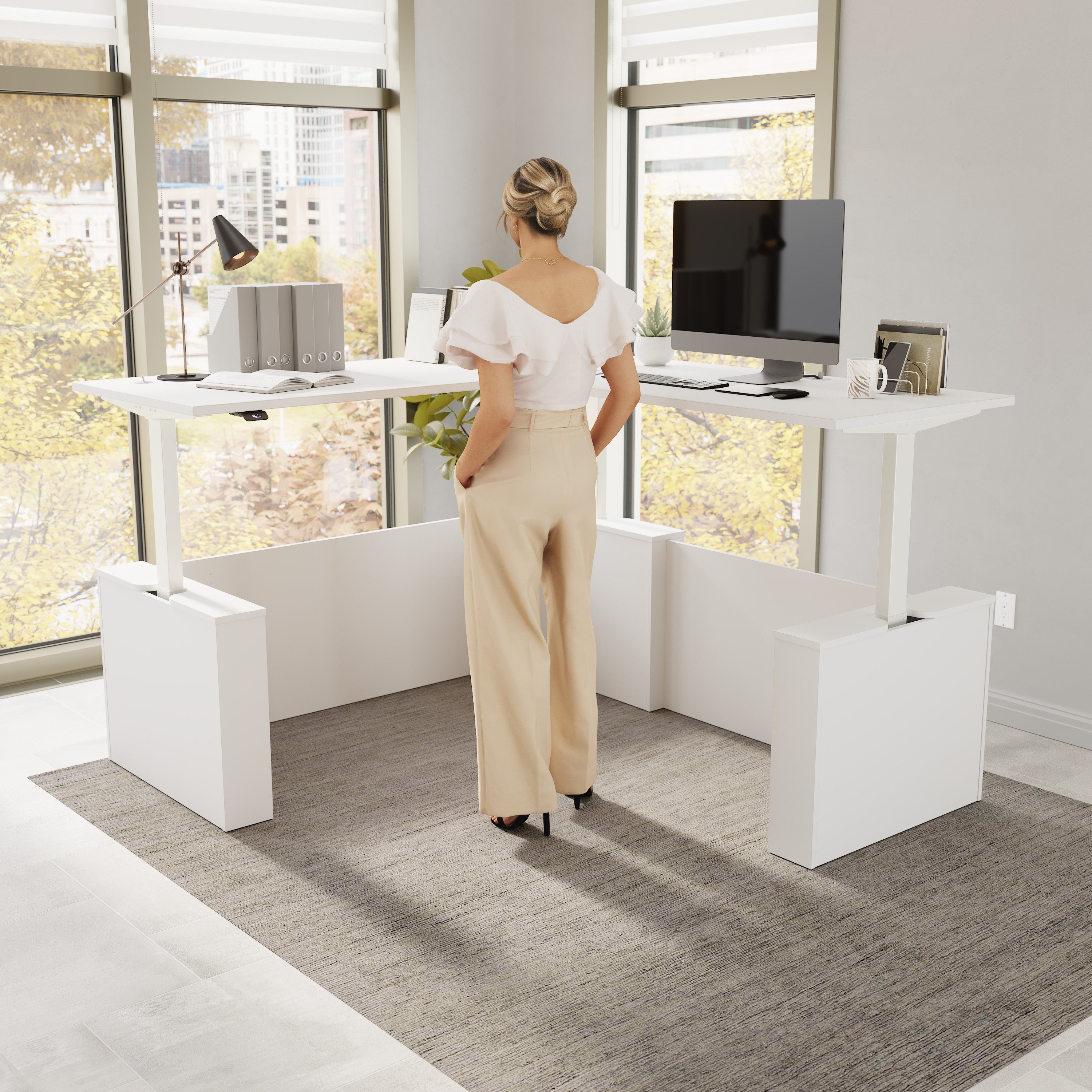 Bush Business Furniture Stratus&nbsp;72W x&nbsp;78D Electric Height Adjustable L Shaped Standing Desk in White with White Base - 71.02" Width x 76.97" Depth x 27.44" Height