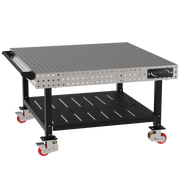 Welding Fixture Table, Fixed Height, 36"H x 60"L x 60"D, 1/4" Carbon Steel Top, Four Black Powdercoat Legs, Shelf, Handle, 4 Heavy Duty Suspension Casters (2 Locking/Swiveling Casters and 2 Non-Locking/Non-SwivelingCasters)