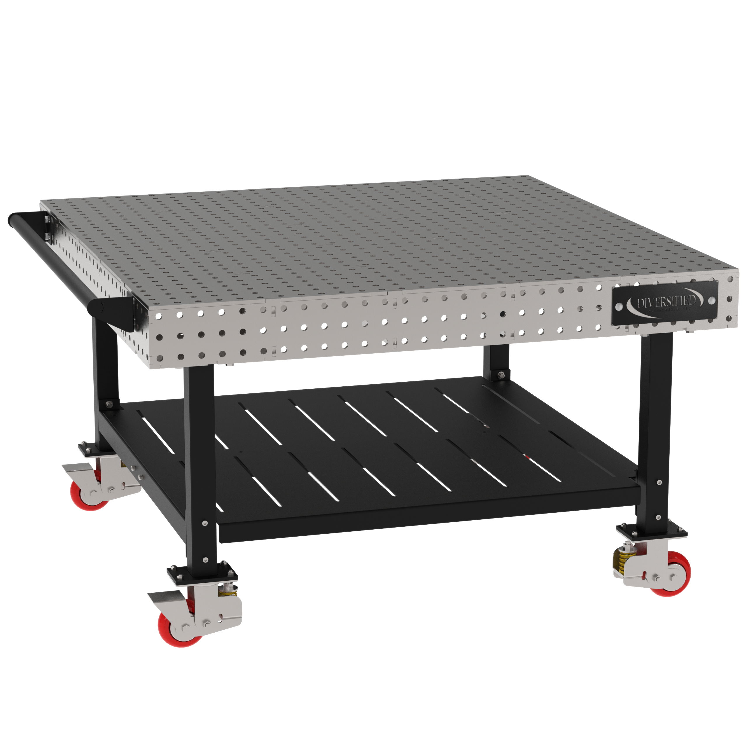 Welding Fixture Table, Fixed Height, 36"H x 60"L x 60"D, 1/4" Carbon Steel Top, Four Black Powdercoat Legs, Shelf, Handle, 4 Heavy Duty Suspension Casters (2 Locking/Swiveling Casters and 2 Non-Locking/Non-SwivelingCasters)
