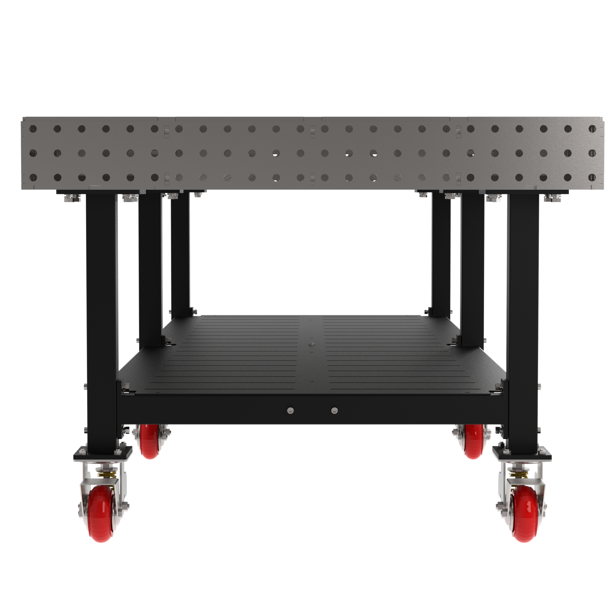 Welding Fixture Table, Fixed Height, 36"H x 120"L x 48"D, 1/4" Carbon Steel Top, Six Black Powdercoat Legs, Shelf, 6 Heavy Duty Suspension Casters (4 Locking/Swiveling Casters and 2 Non-Locking/Non-SwivelingCasters)