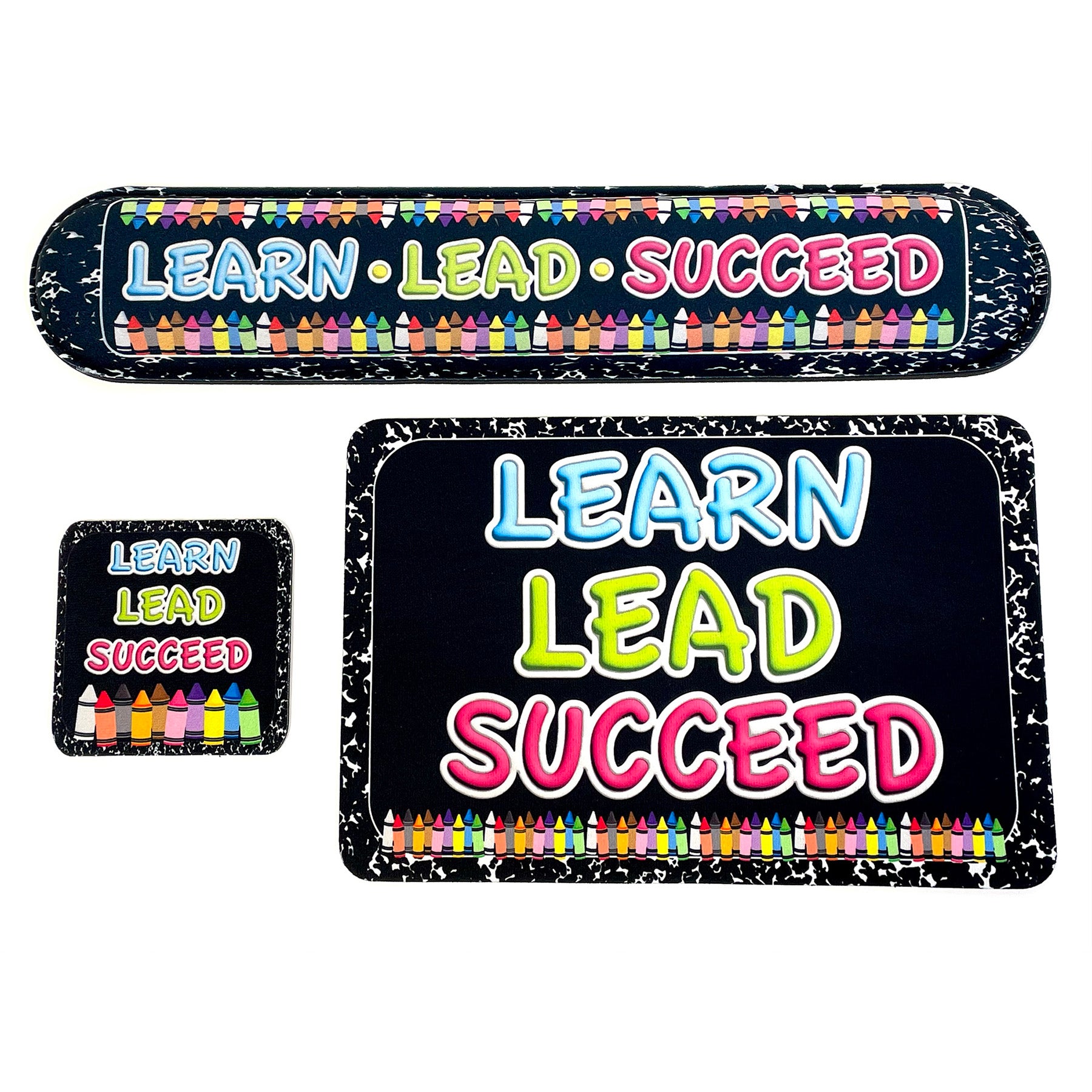 The Original Fun Mat® Computer Desk Mats, Set of 3, (1) Mouse Pad, (1) Keyboard Wrist Pad, (1) Coaster, Learn, Lead, Succeed, Crayon Composition