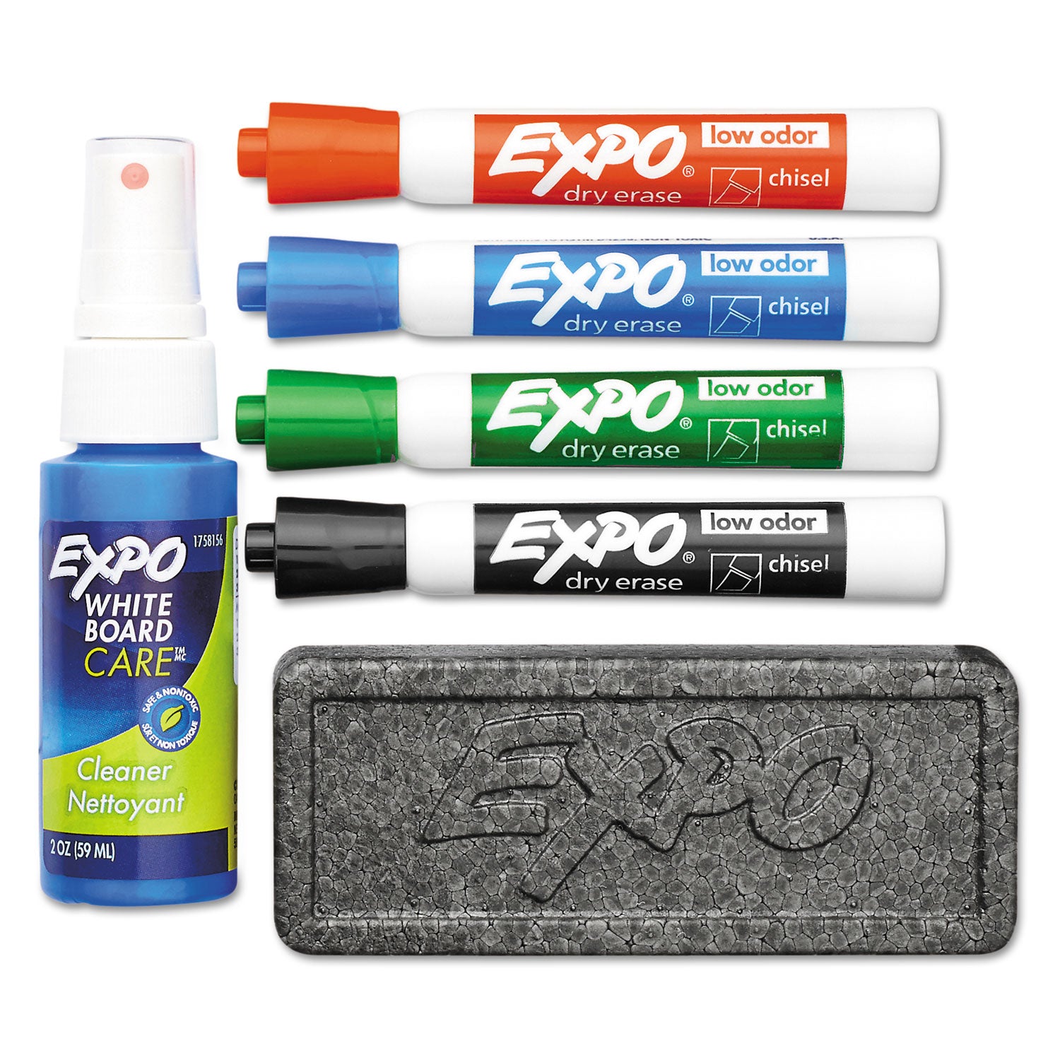 Expo Dry-Erase Marker Kit, Assorted Colors, 4 Chisel Tip Markers, 1 Eraser, 1 Cleaner Spray, 4/Set