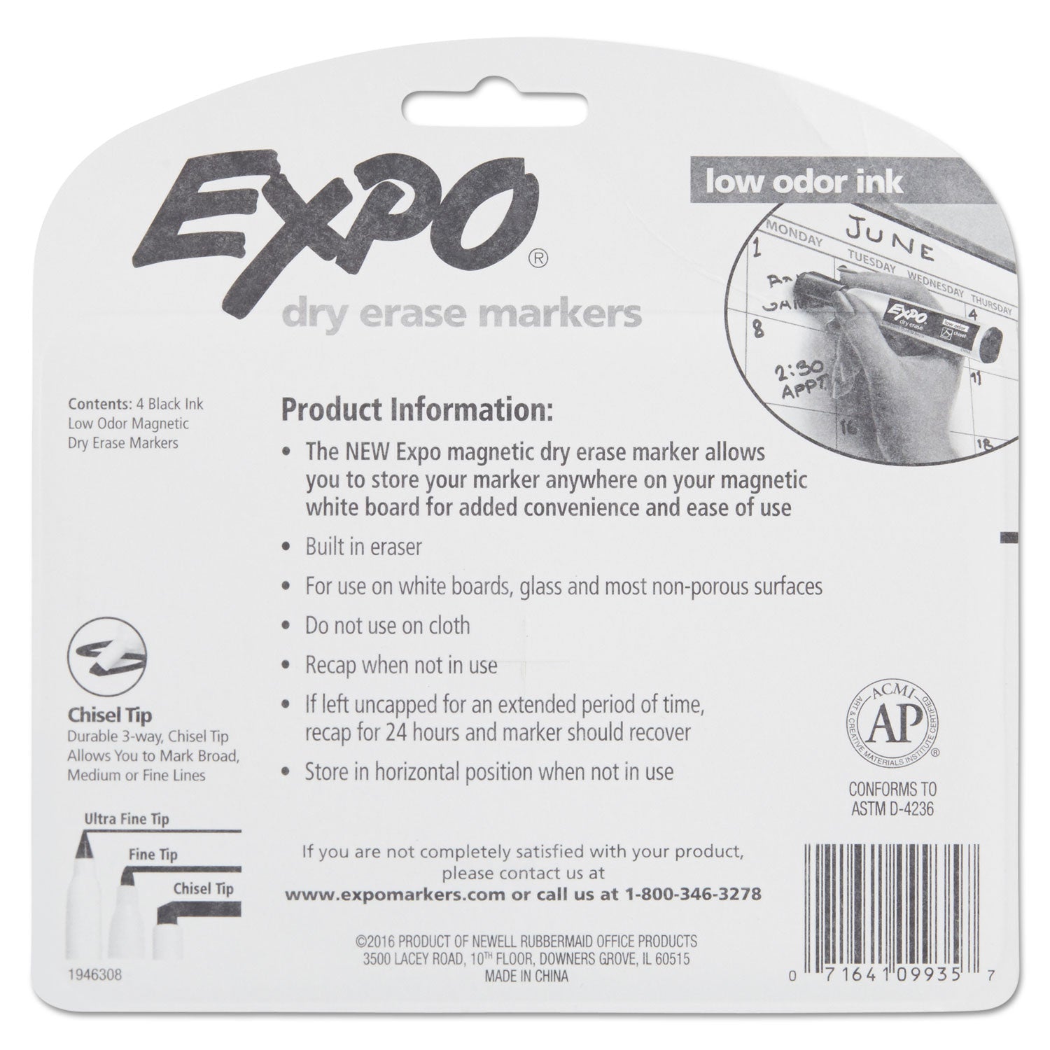 Magnetic Dry Erase Markers with Eraser, Chisel Tip, Black, 4-Count
