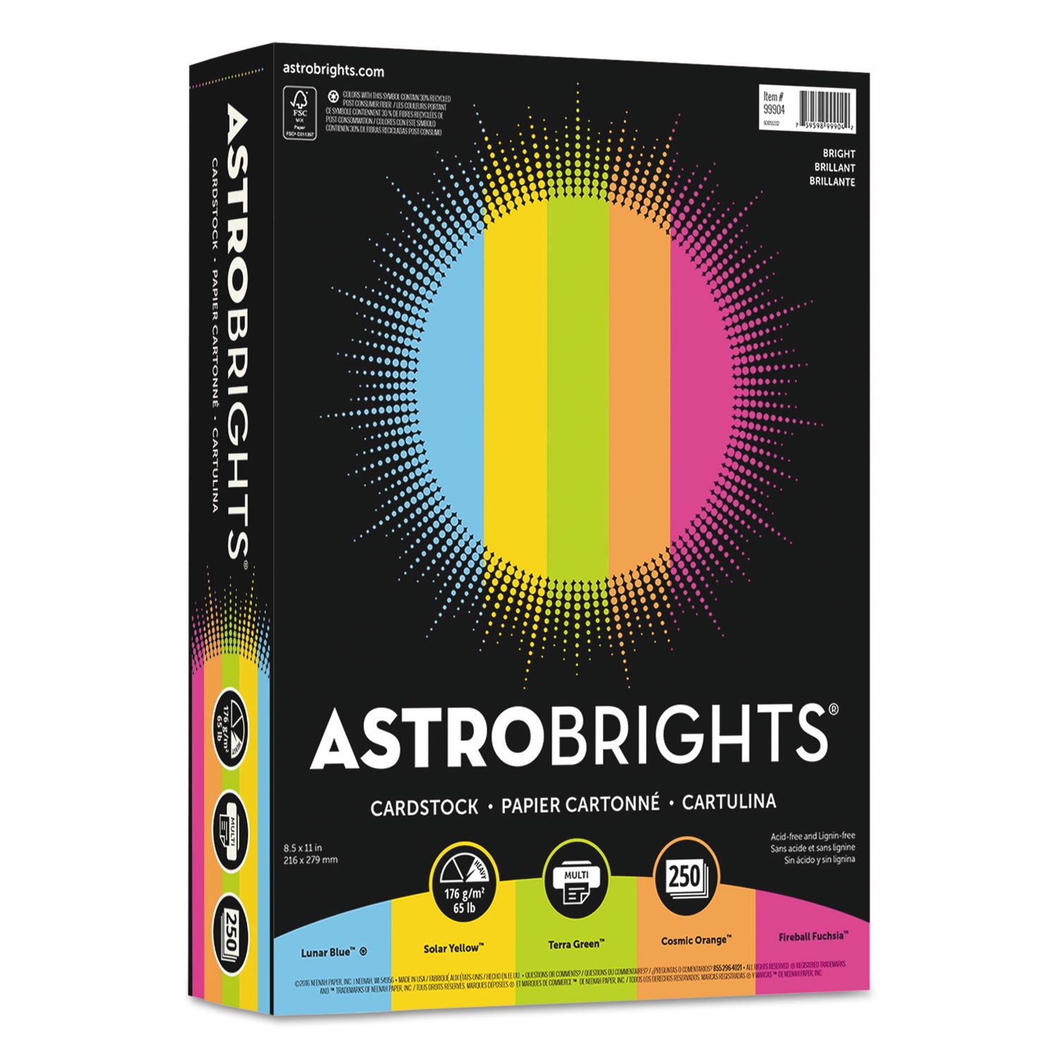 Color Cardstock -"Bright" Assortment, 65 lb Cover Weight, 8.5 x 11, Assorted, 250/Pack