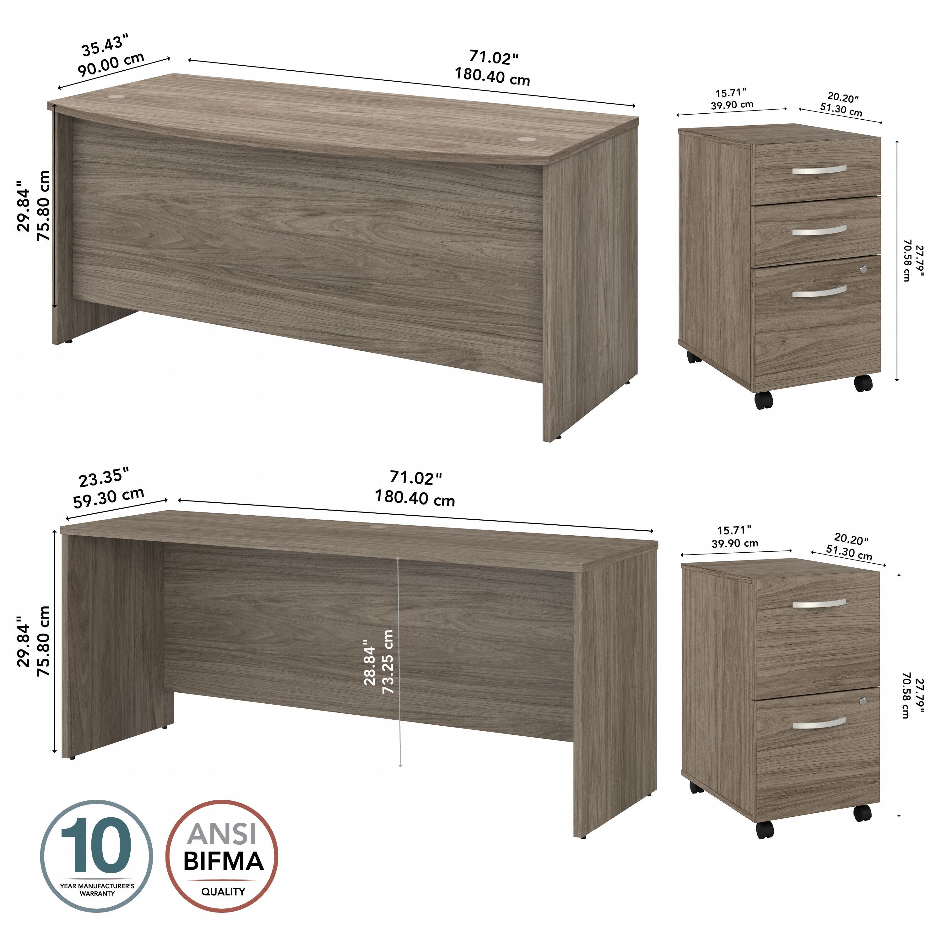 Bush Business Furniture Studio C 72W x 36D Bow Front Desk and Credenza with Mobile File Cabinets in Modern Hickory - 71.02" Width x 94.78" Depth x 29.84" Height