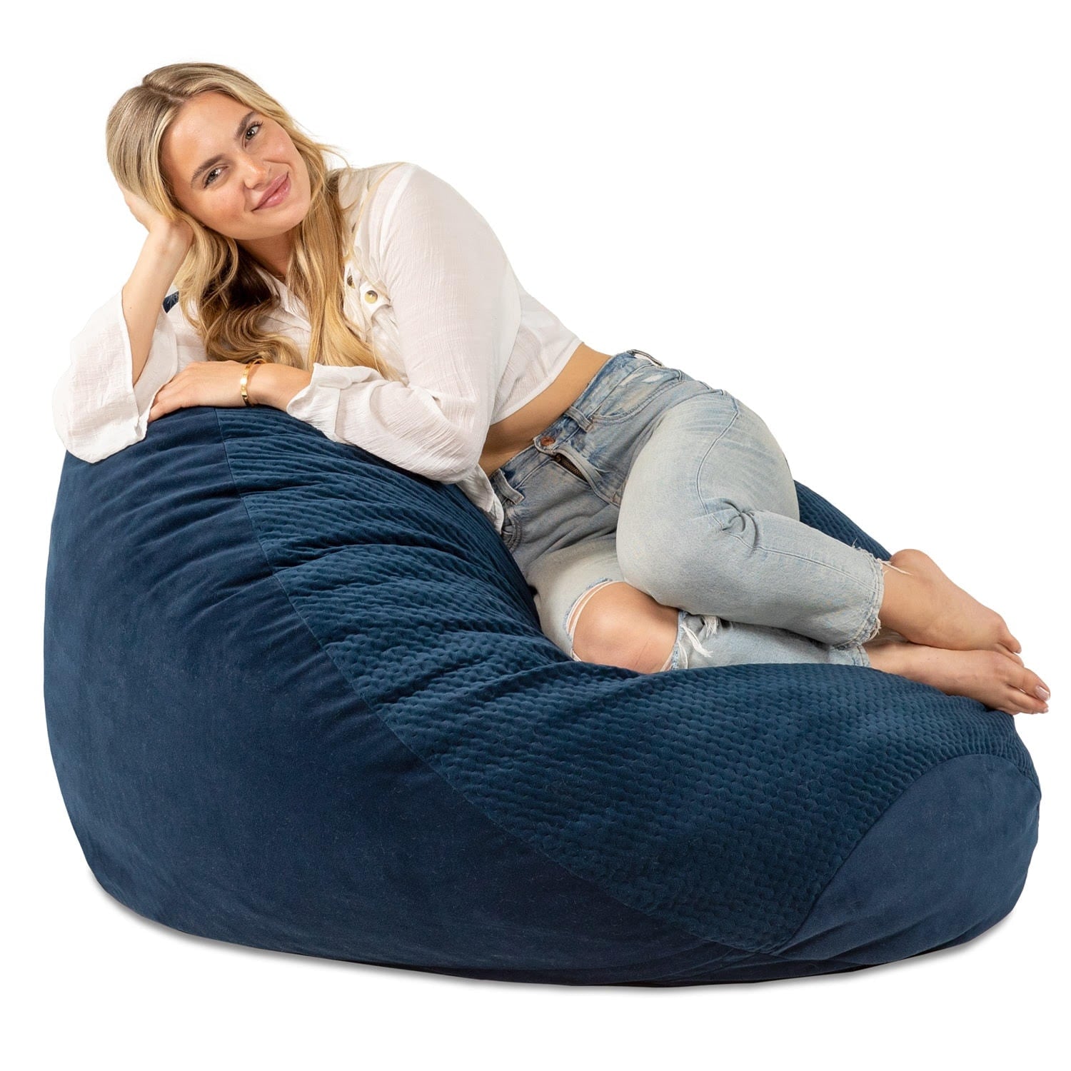 Jaxx Koku - Designer Oval Two-Tone Bean Bag Chair - Quilted Microvelvet, Indigo