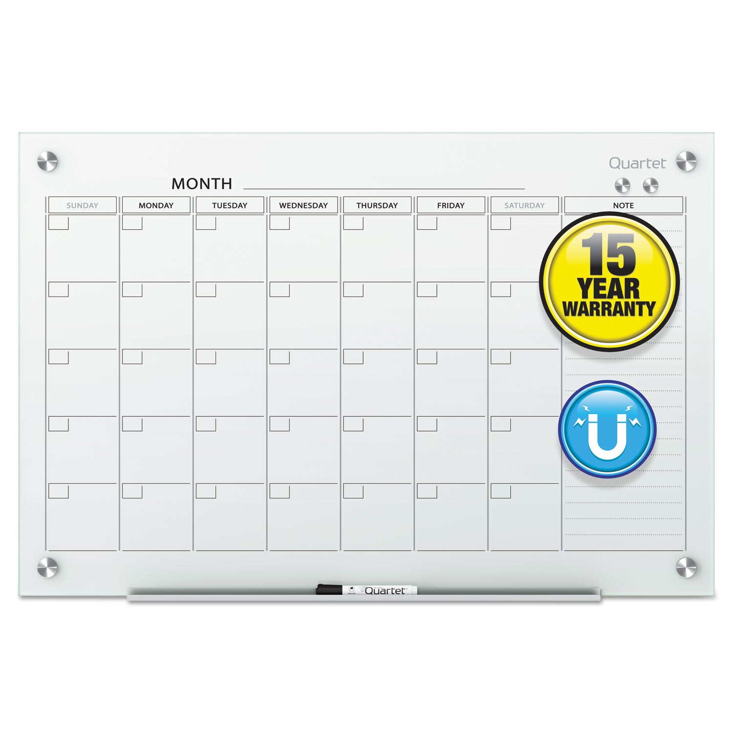 Monthly - 1 Month - White - Tempered Glass - 36" Height x 48" Width - Magnetic, Durable, Stain Resistant, Ghost Resistant, Scratch Resistant, Dent Resistant, Dry Erase Surface, Notes Area - 1 Each