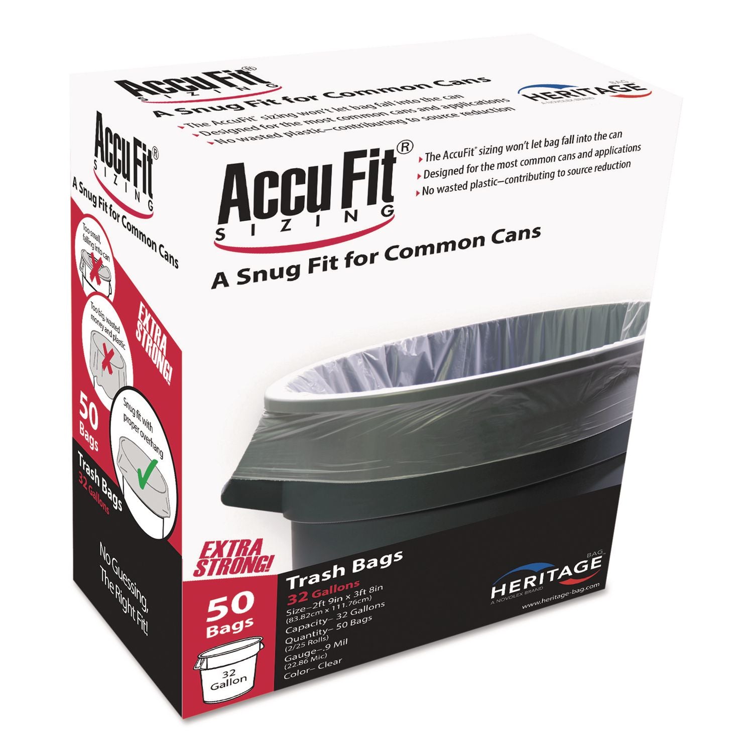 Heritage AccuFit RePrime Can Liners - 55 gal Capacity - 53" Length x 40" Width x 0.90 mil (23 Micron) Thickness - Low Density - Clear - Linear Low-Density Polyethylene (LLDPE) - Garbage - 50 / Box
