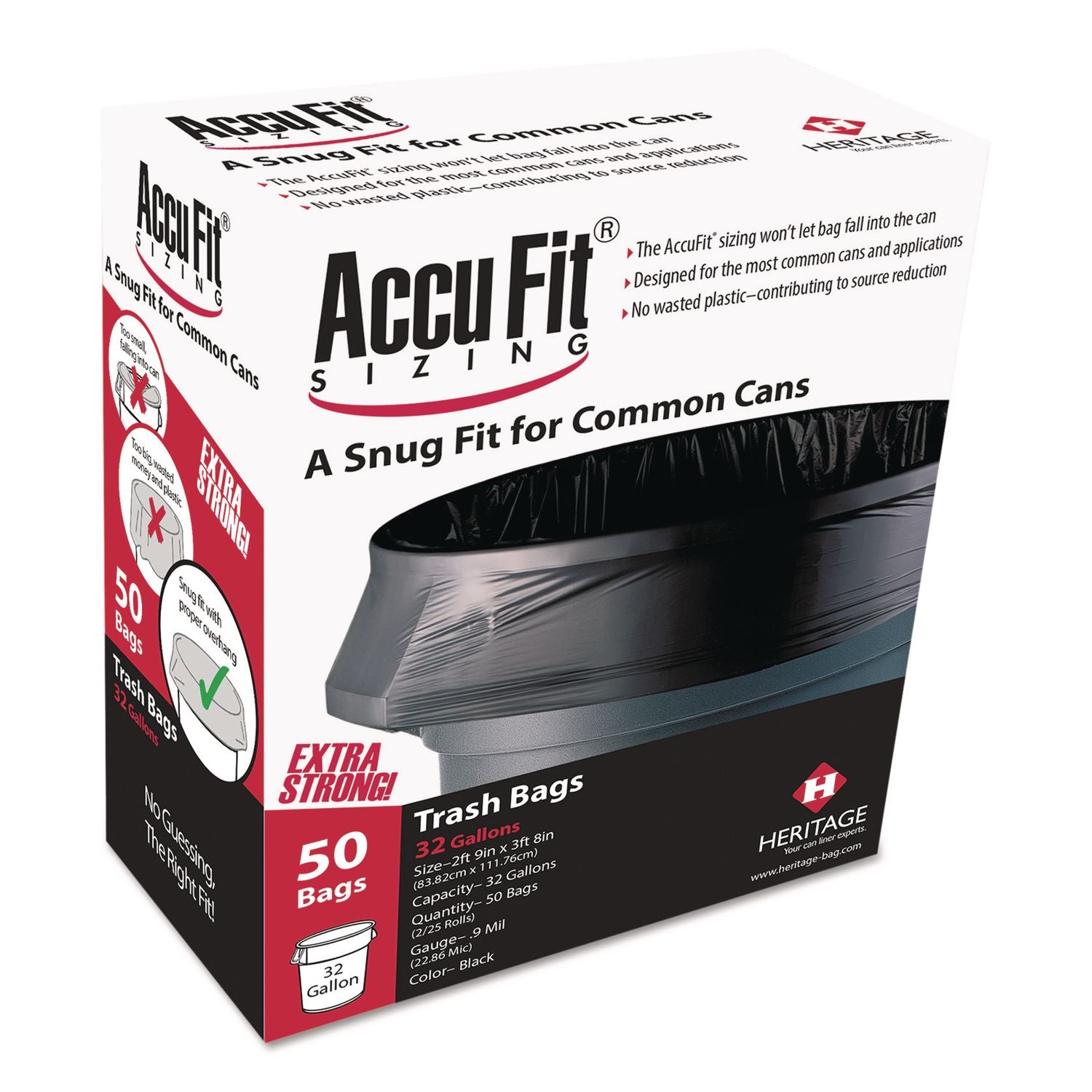 Heritage RePrime AccuFit 44-gal Can Liners - 44 gal Capacity - 50" Length x 37" Width x 0.90 mil (23 Micron) Thickness - Low Density - Black - Linear Low-Density Polyethylene (LLDPE) - Garbage - 50 / Box