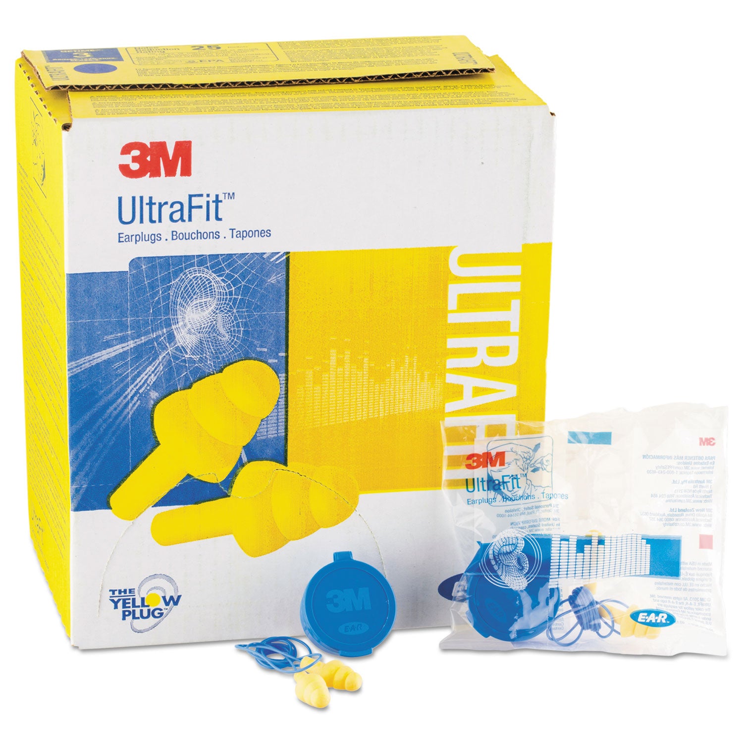 E-A-R UltraFit Multi-Use Earplugs, Corded, 25NRR, Yellow/Blue, 50 Pairs