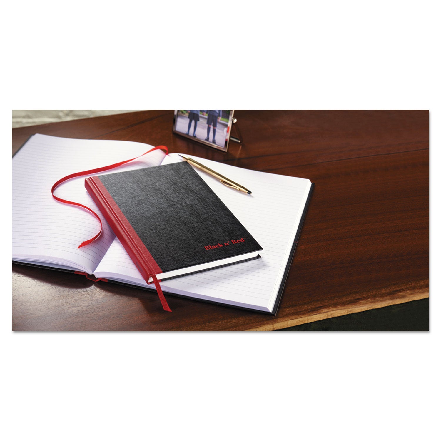 96 Sheets - Sewn - 24 lb Basis Weight - A5 - 5 5/8" x 8 1/4" Sheet Size - White Paper - Red Binding - Black Cover - Ribbon Marker, Hard Cover - 1 Each