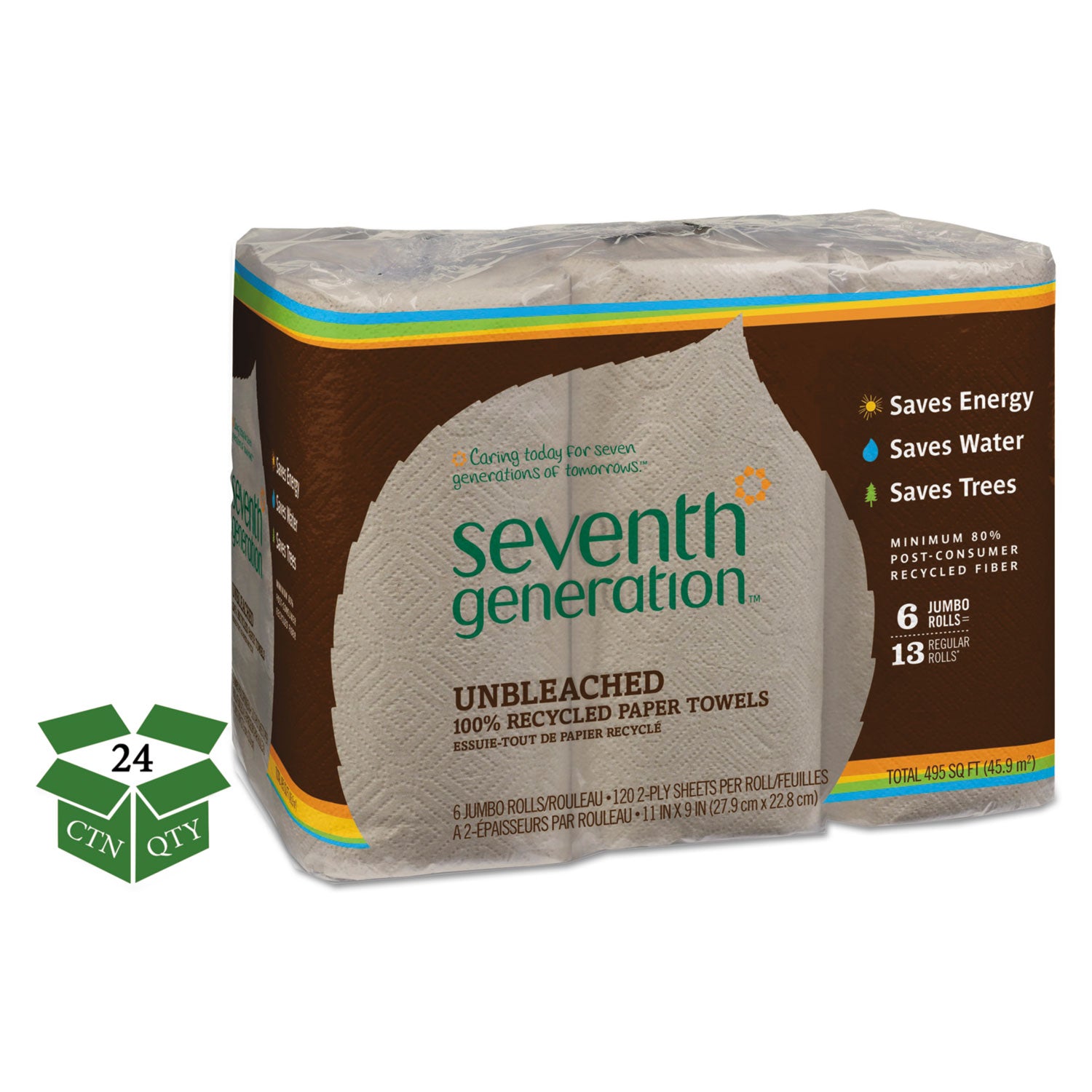 Seventh Generation 100% Recycled Paper Towels, 2 Ply, Natural, 11" x 9", 120 Sheets per Roll, 1 Pack