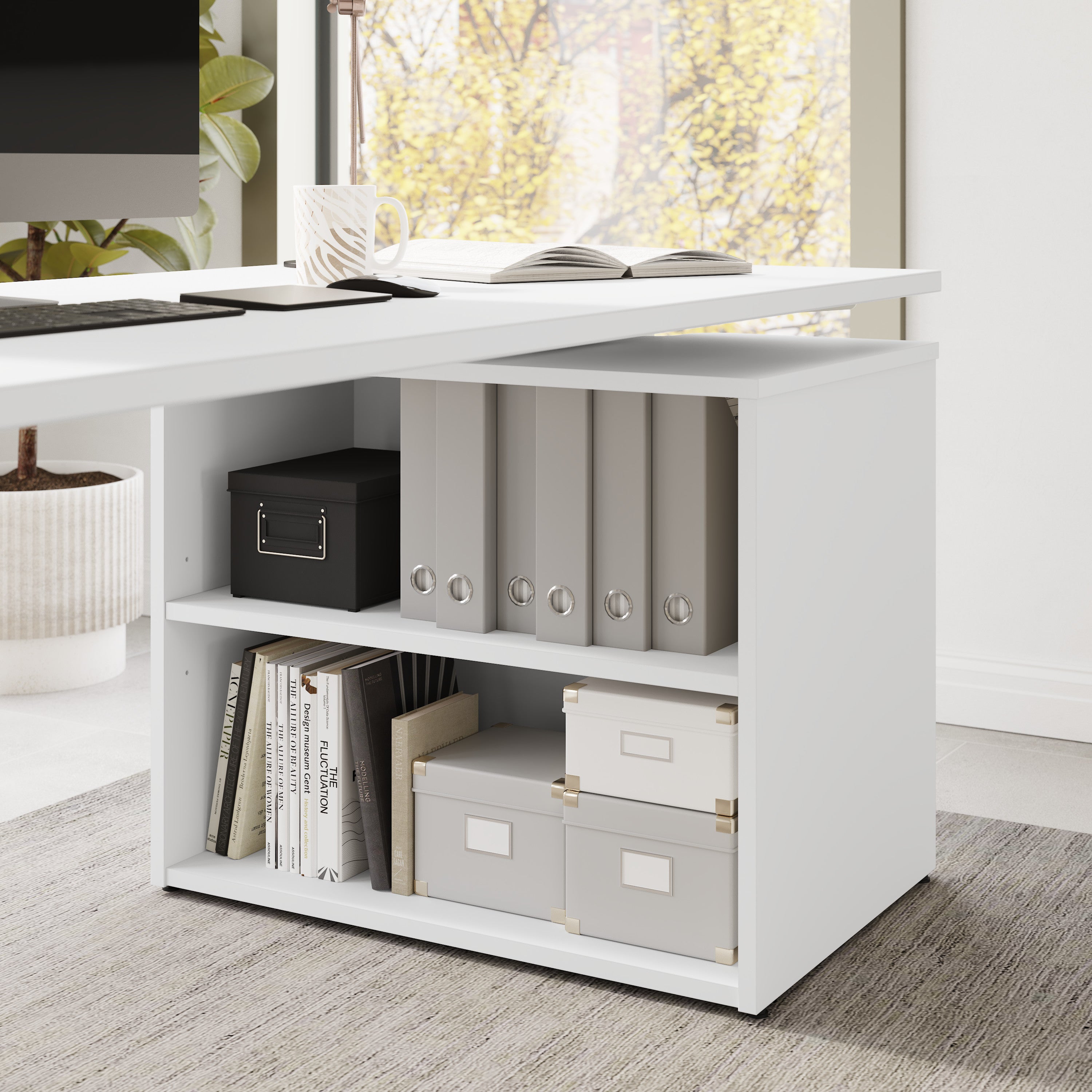 Bush Business Furniture Stratus&nbsp;60W x&nbsp;30D Electric Height Adjustable Standing Desk with Bookcase in White with White Base - 59.45" Width x 29.37" Depth x 27.44" Height