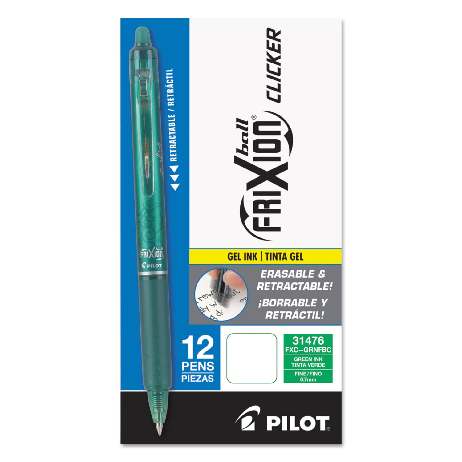 Retractable - Erasable - Green Ink - Gel-based - Green Barrel - Document - 12 / Dozen