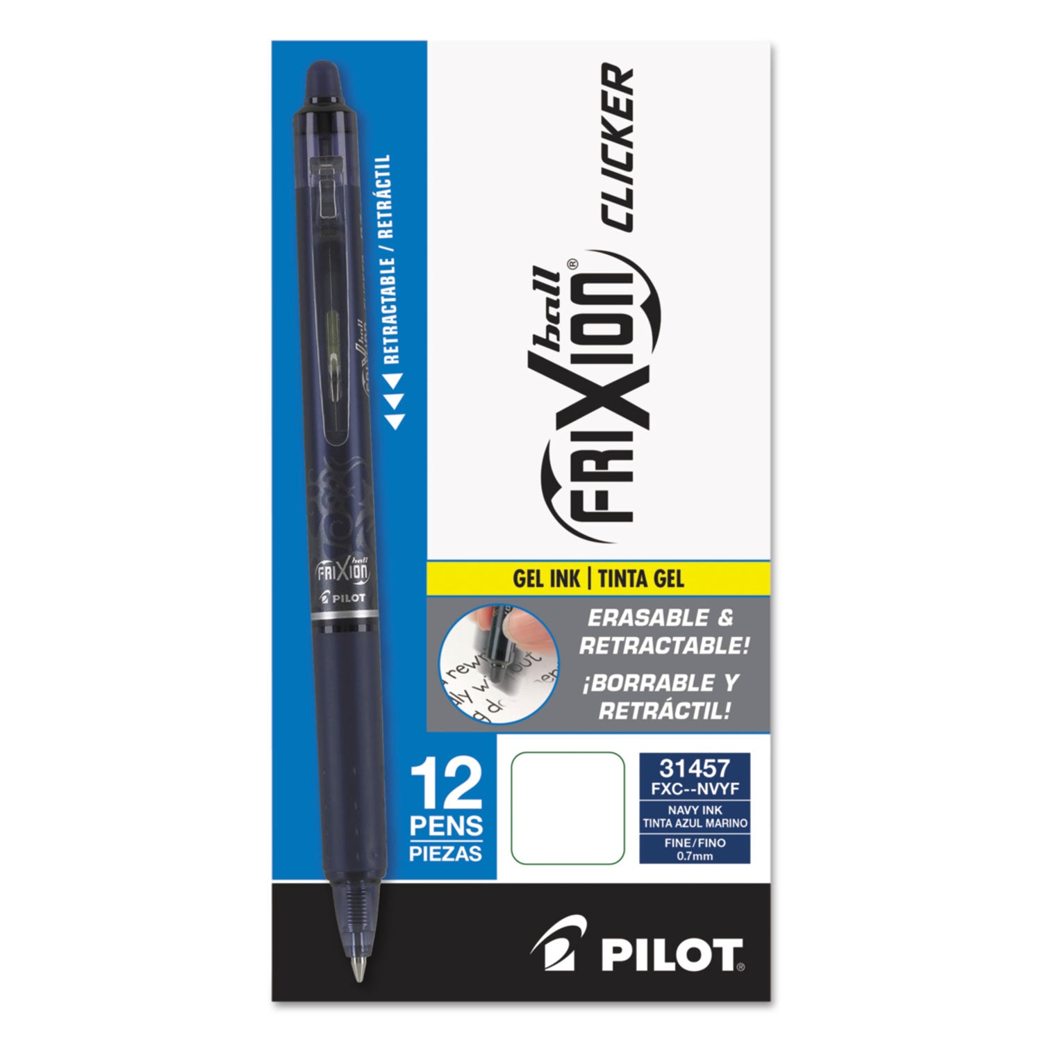 FriXion Gel Pens - 0.7 mm Fine Pen Point - Refillable - Retractable - Erasable - Navy Blue Ink - Gel-based - Navy Blue Barrel - Document, Writing - 1 Dozen
