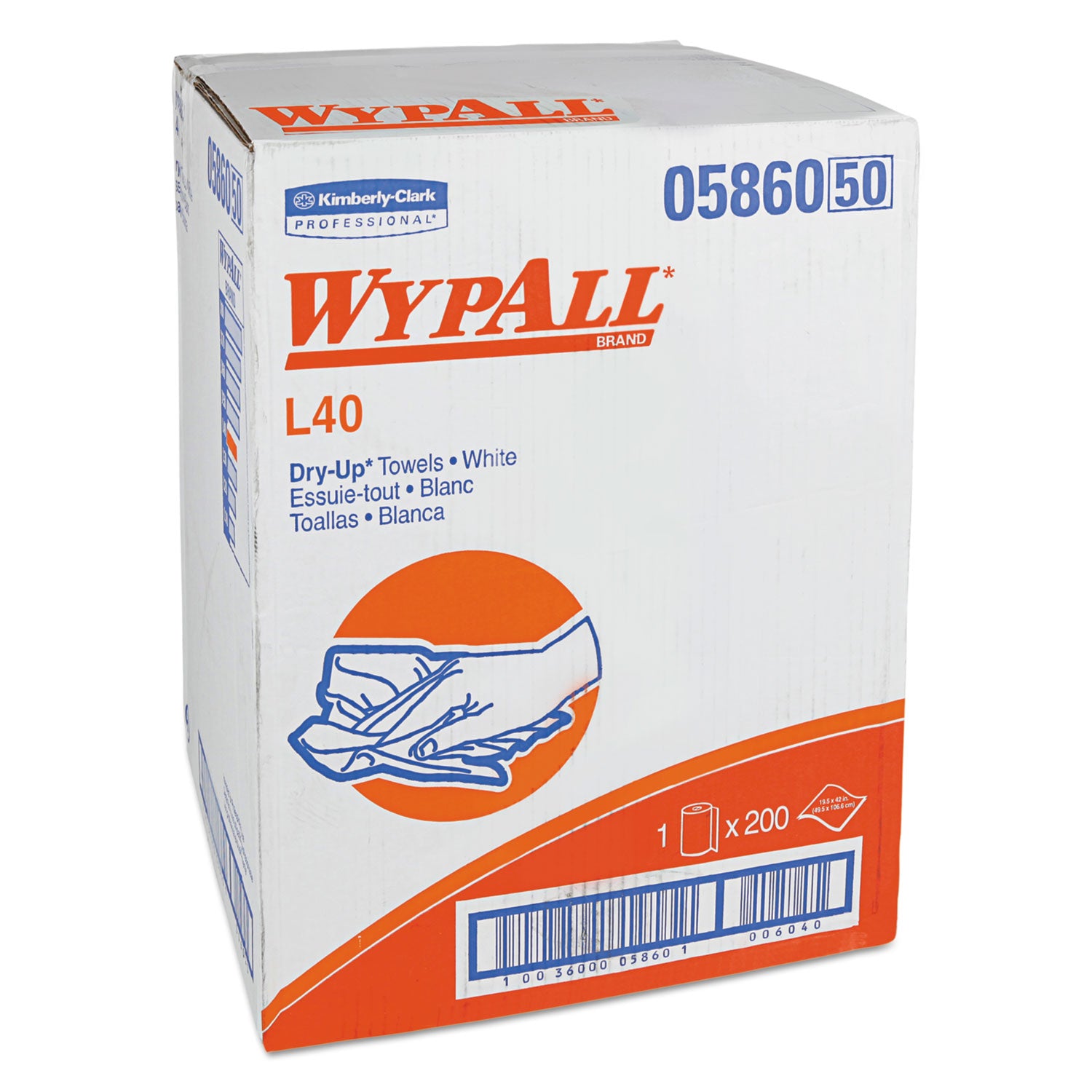 Wypall Power Clean L40 Extra Absorbent Towels - 19.50" Width x 42" Length - 200 Sheets/Roll - White, Blue - Hydroknit - 1 Carton
