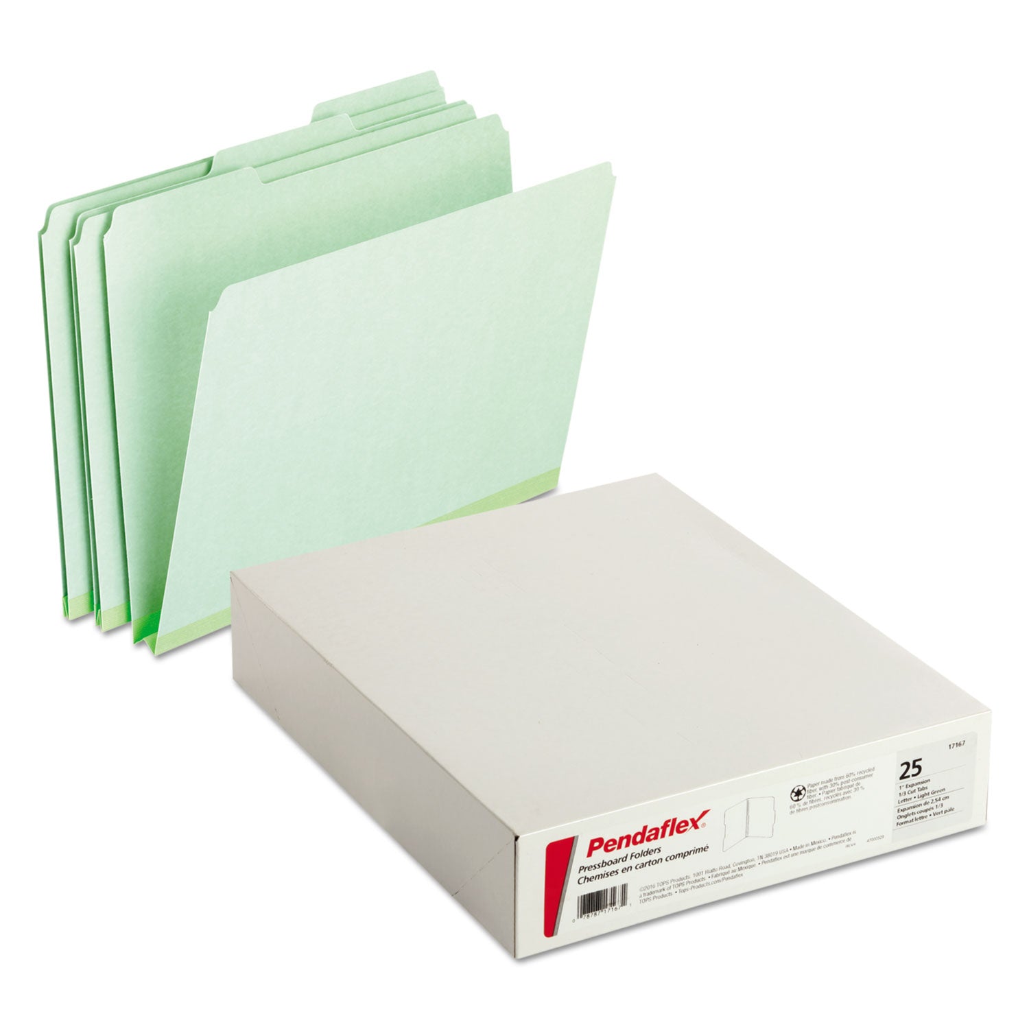 Pendaflex 1/3 Tab Cut Letter Top Tab File Folders, 8.5" x 11", 1" Expansion, Assorted Tab Positions, 25 pt. Heavyweight Pressboard, Light Green, Reinforced, 25/Box