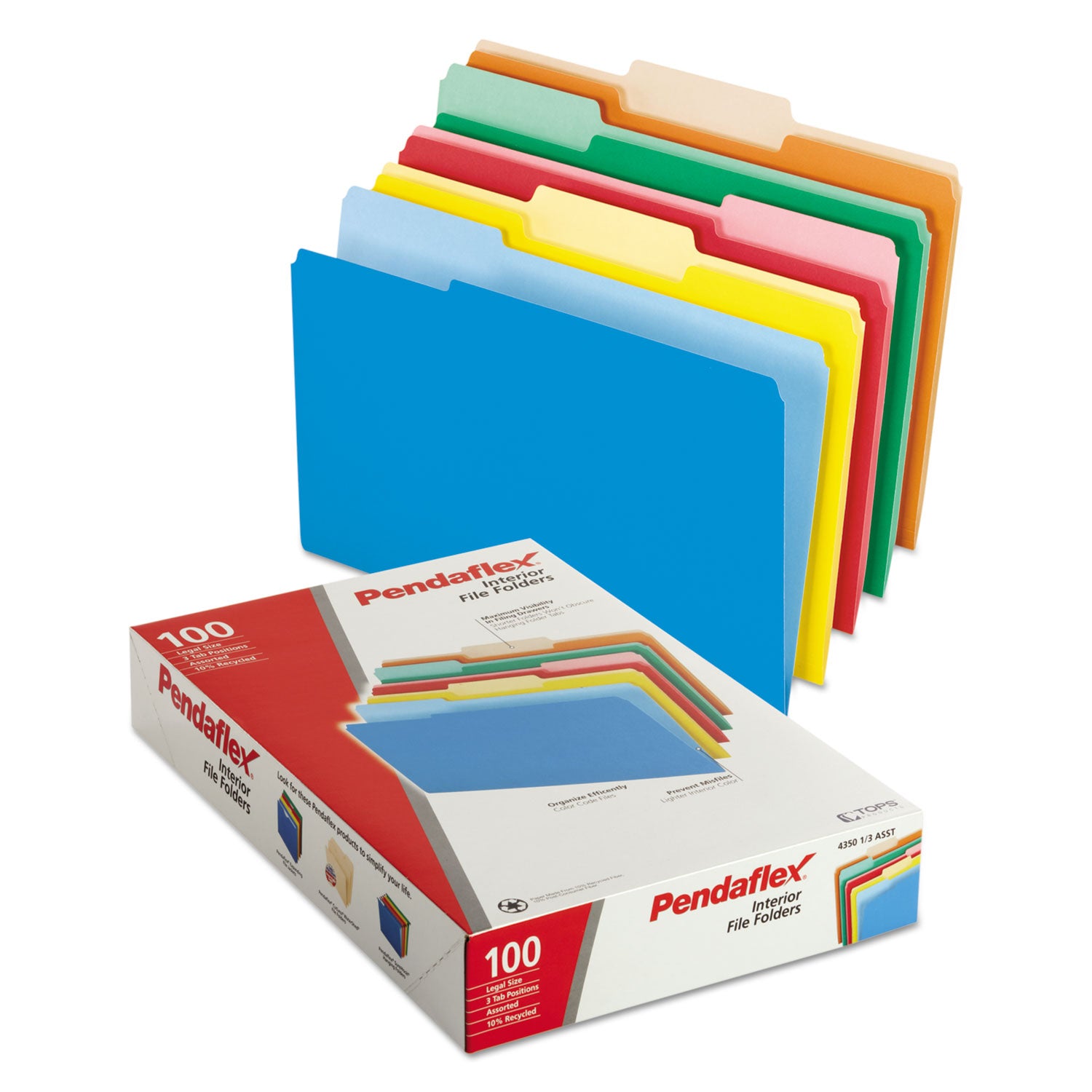Pendaflex 1/3 Tab Cut Legal Recycled Top Tab File Folder - 8 1/2" x 14" - Assorted - Acid-free - 10% Recycled - 100 / Box
