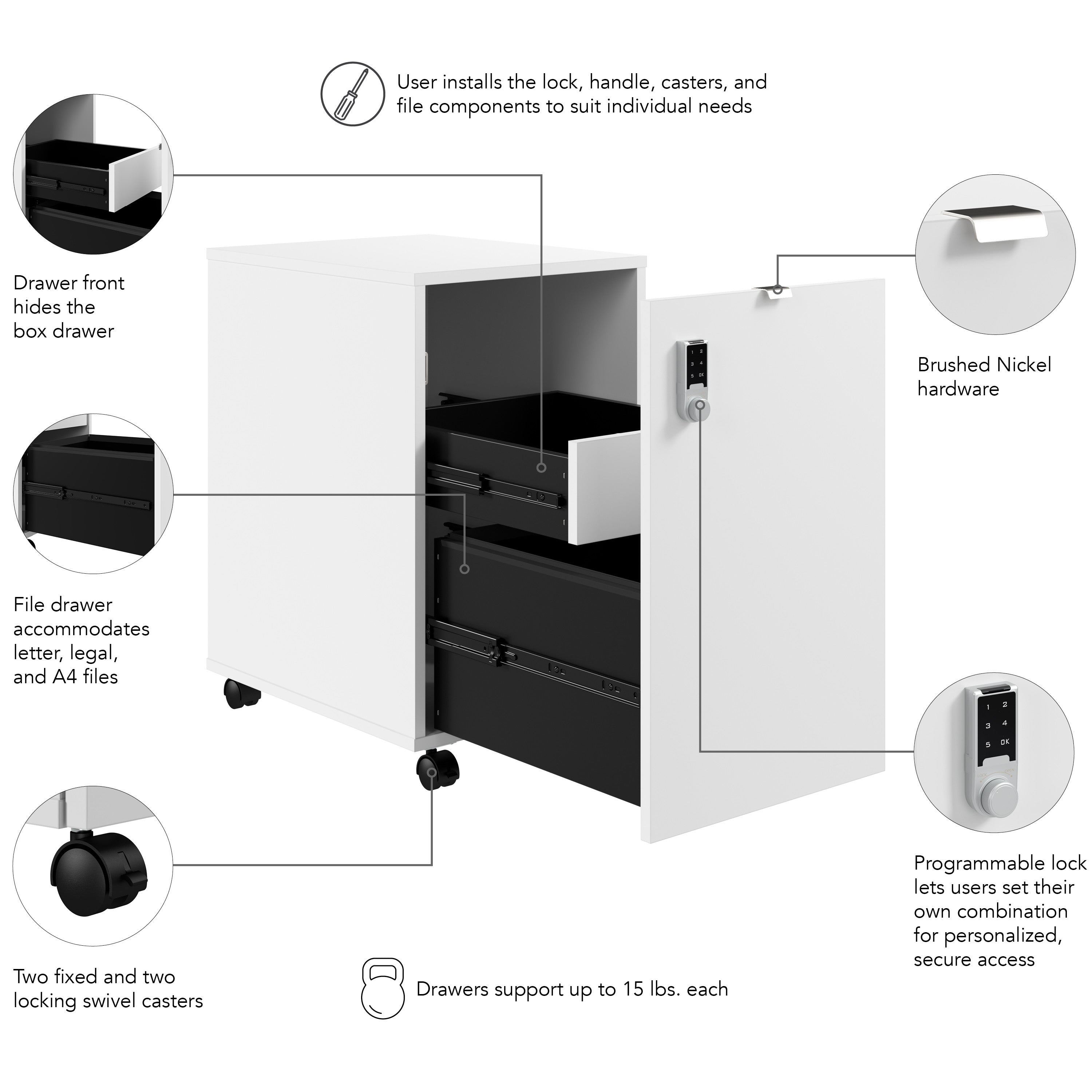 Bush Business Furniture Assure Mobile File Cabinet with Drawers and Keypad Lock in White - 15.65" Width x 20.24" Depth x 25.91" Height