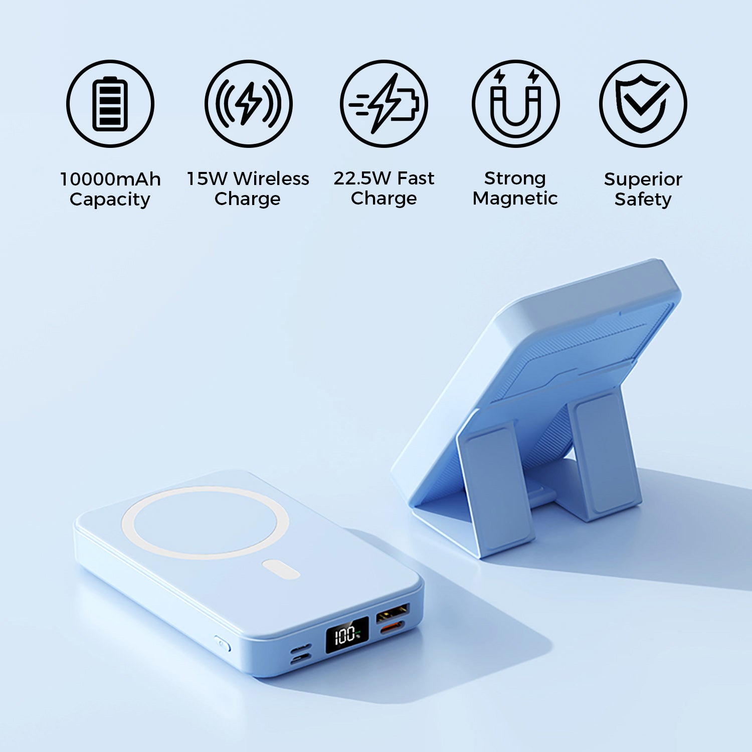 10,000mAh Magnetic Wireless Charge Power Bank with Foldable Stand, Blue