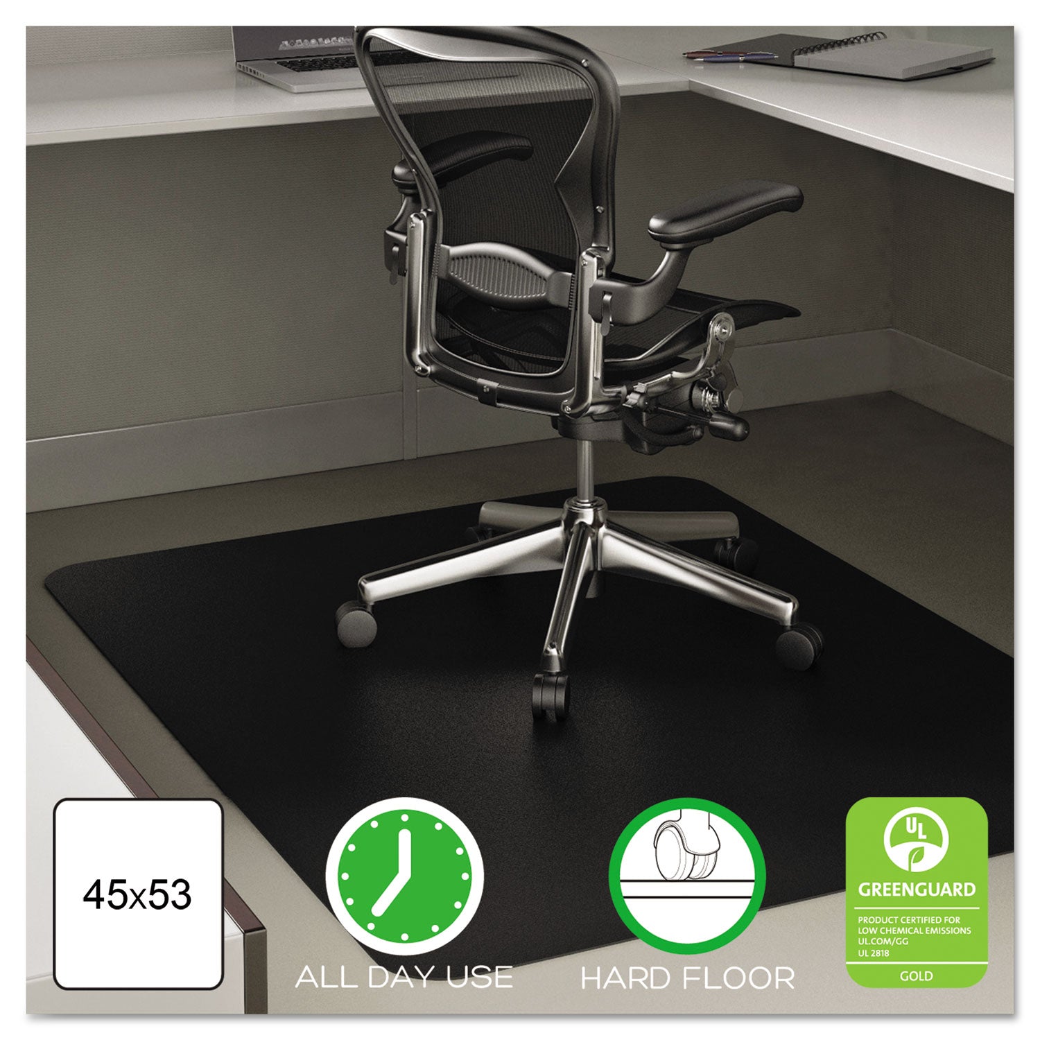 Deflecto Black EconoMat for Hard Floors - Hard Floor - 53" Length x 45" Width - Rectangular - Vinyl - Black - 1 Each