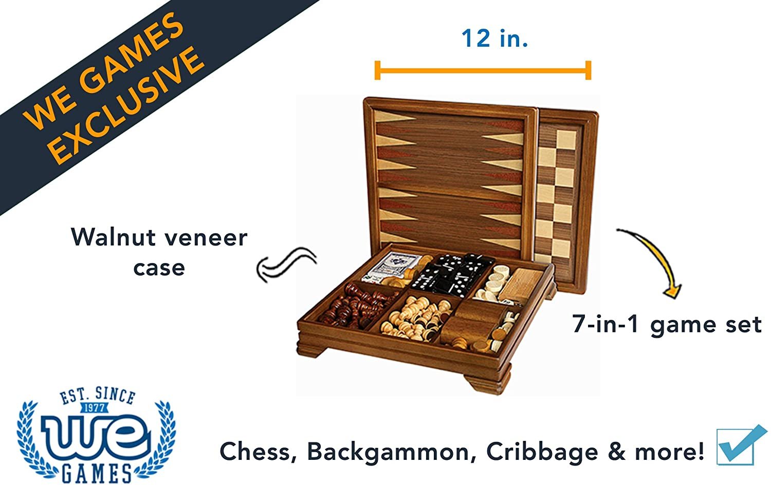 Walnut 7-Games-in-1 Combination Game Set - Includes Chess, Checkers, Backgammon, Dominoes, Cribbage, Poker, Dice and Cards