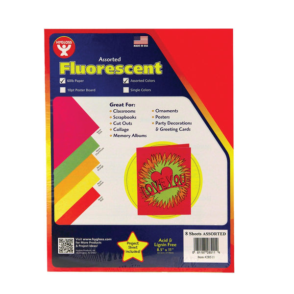 Fluorescent Paper - 10 shts, 7"x11", 2 ea. Of 5asst'd colors