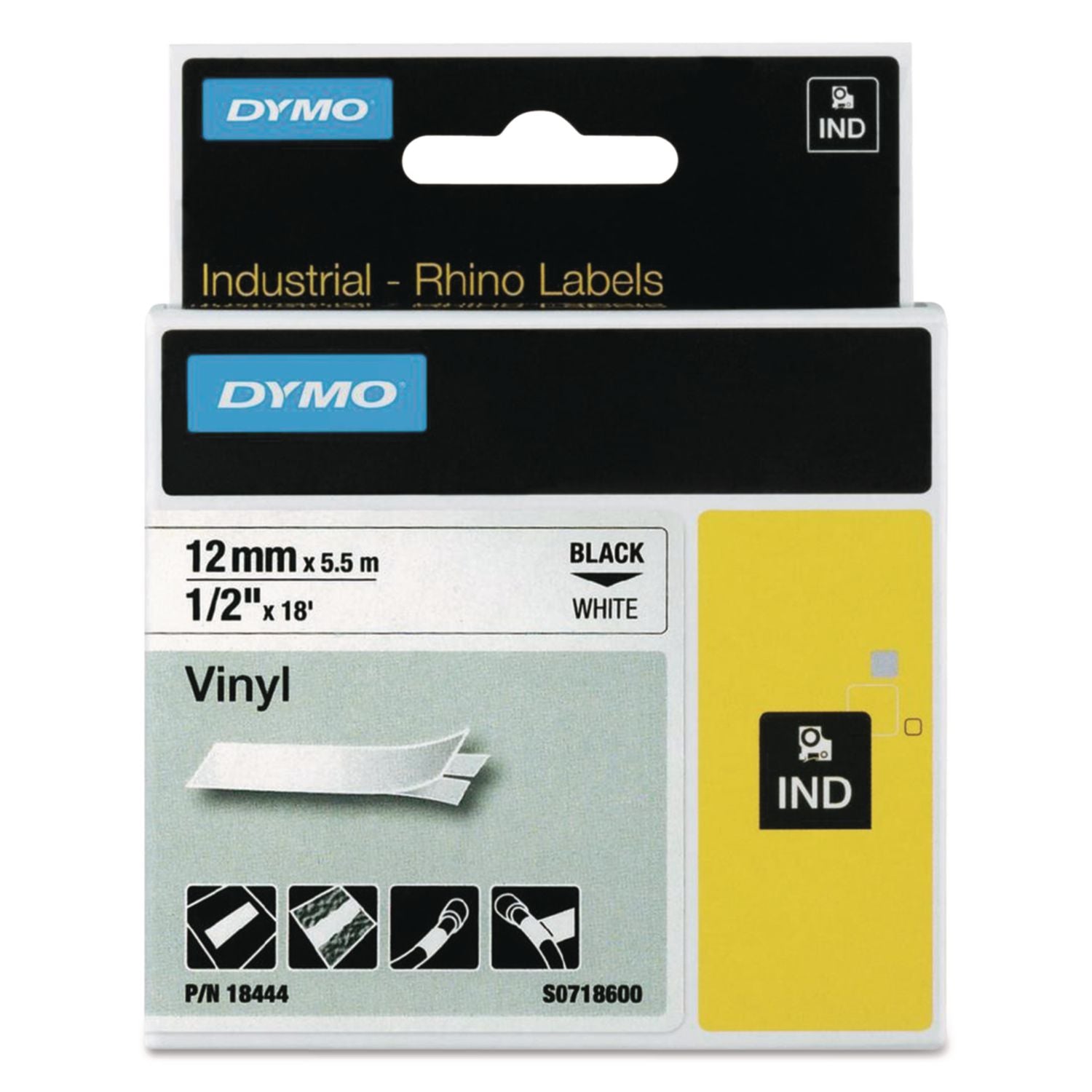 Dymo Rhino Industrial Vinyl Labels - 15/32" Width x 18 3/64 ft Length - Permanent Adhesive - Rectangle - Thermal Transfer - Black on White - Vinyl - Water Resistant - Chemical Resistant, Oil Resistant - 1 Each