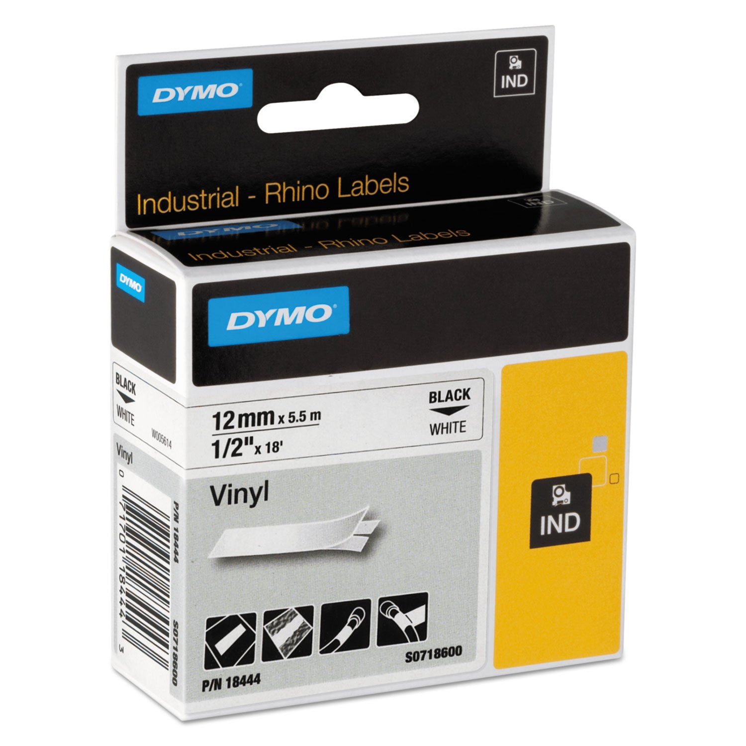 Dymo Rhino Industrial Vinyl Labels - 15/32" Width x 18 3/64 ft Length - Permanent Adhesive - Rectangle - Thermal Transfer - Black on White - Vinyl - Water Resistant - Chemical Resistant, Oil Resistant - 1 Each