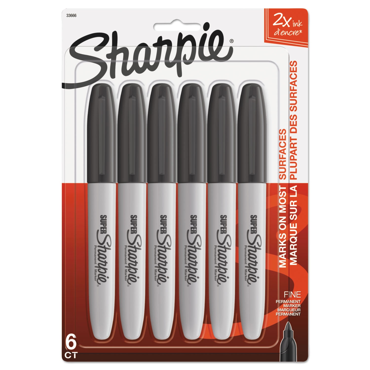 Sharpie Super Permanent Marker - Bold, Fine Marker Point - Black Ink - Plastic Barrel - 6 / Pack