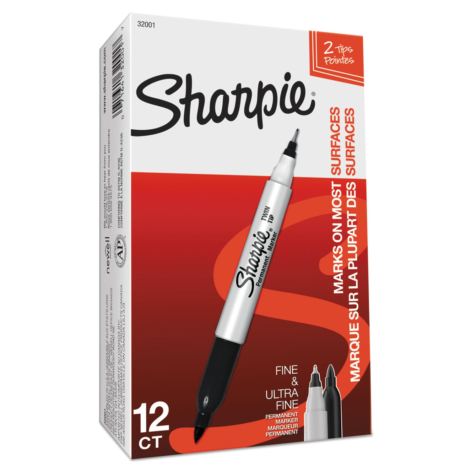 Sharpie Twin Tip Permanent Markers, Ultra Fine/Fine/Bold Points, Black Ink, 12/Box