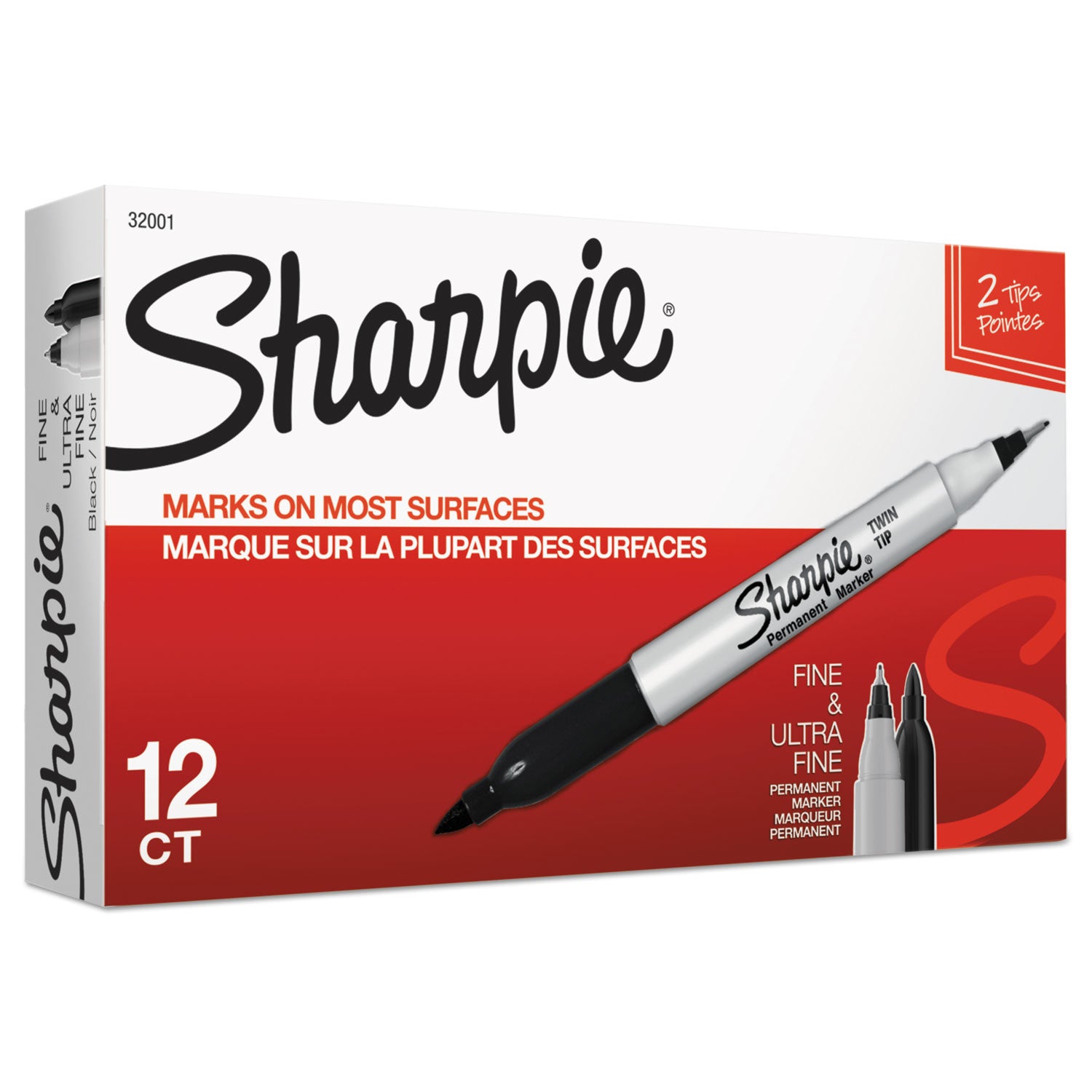 Sharpie Twin Tip Permanent Markers, Ultra Fine/Fine/Bold Points, Black Ink, 12/Box