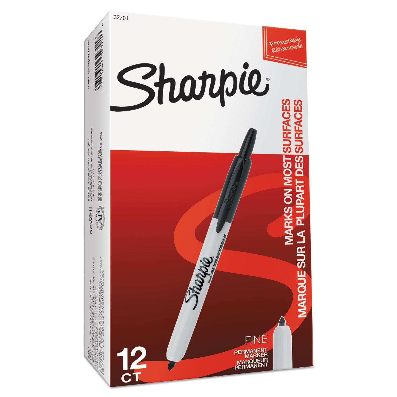 Sharpie Retractable Permanent Marker - Fine Marker Point - Retractable - Black Ink - 1 - 1 Dozen
