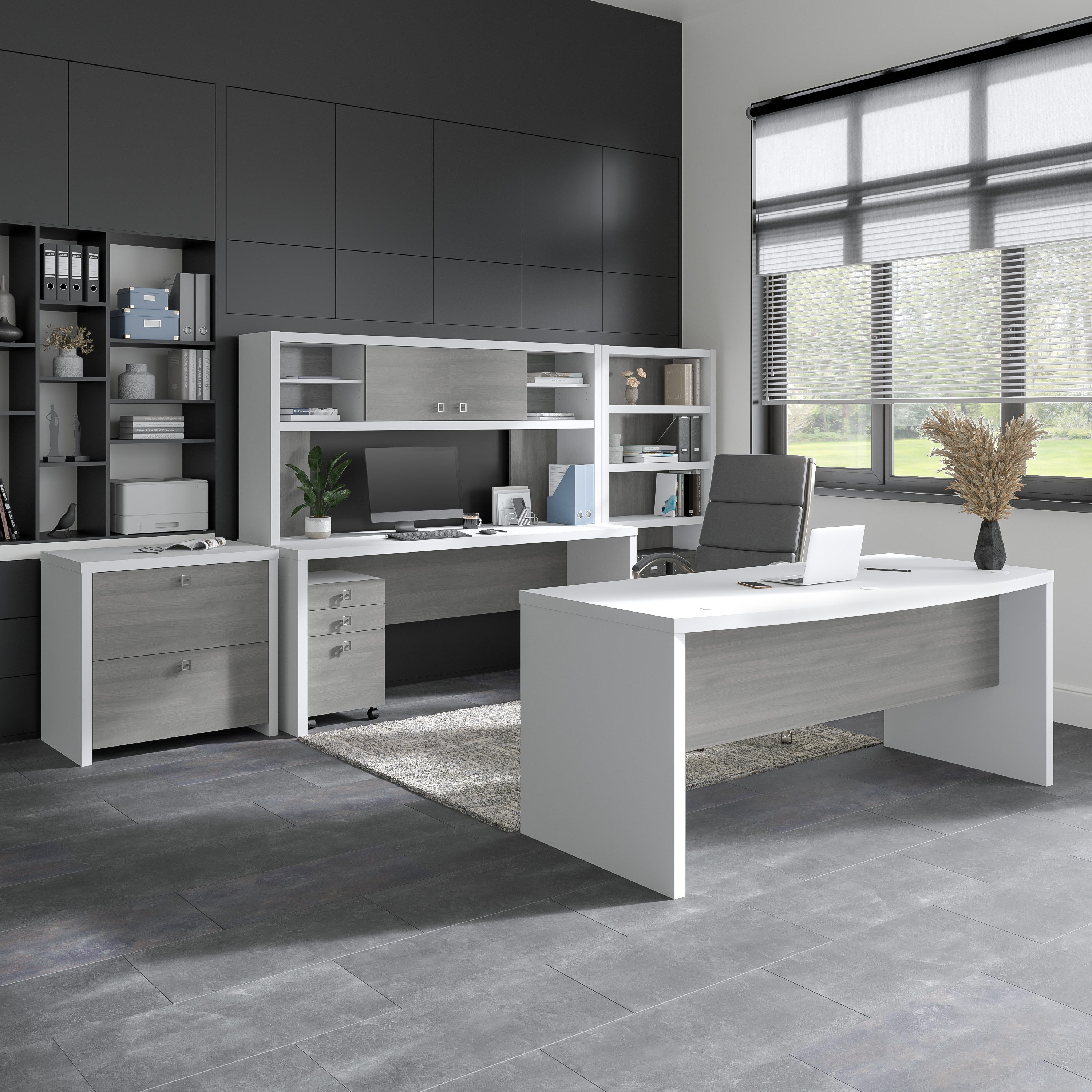 Bush Business Furniture Echo Bow Front Desk and Credenza with Mobile File Cabinet in Pure White and Modern Gray - 60" Width x 87.26" Depth x 30" Height