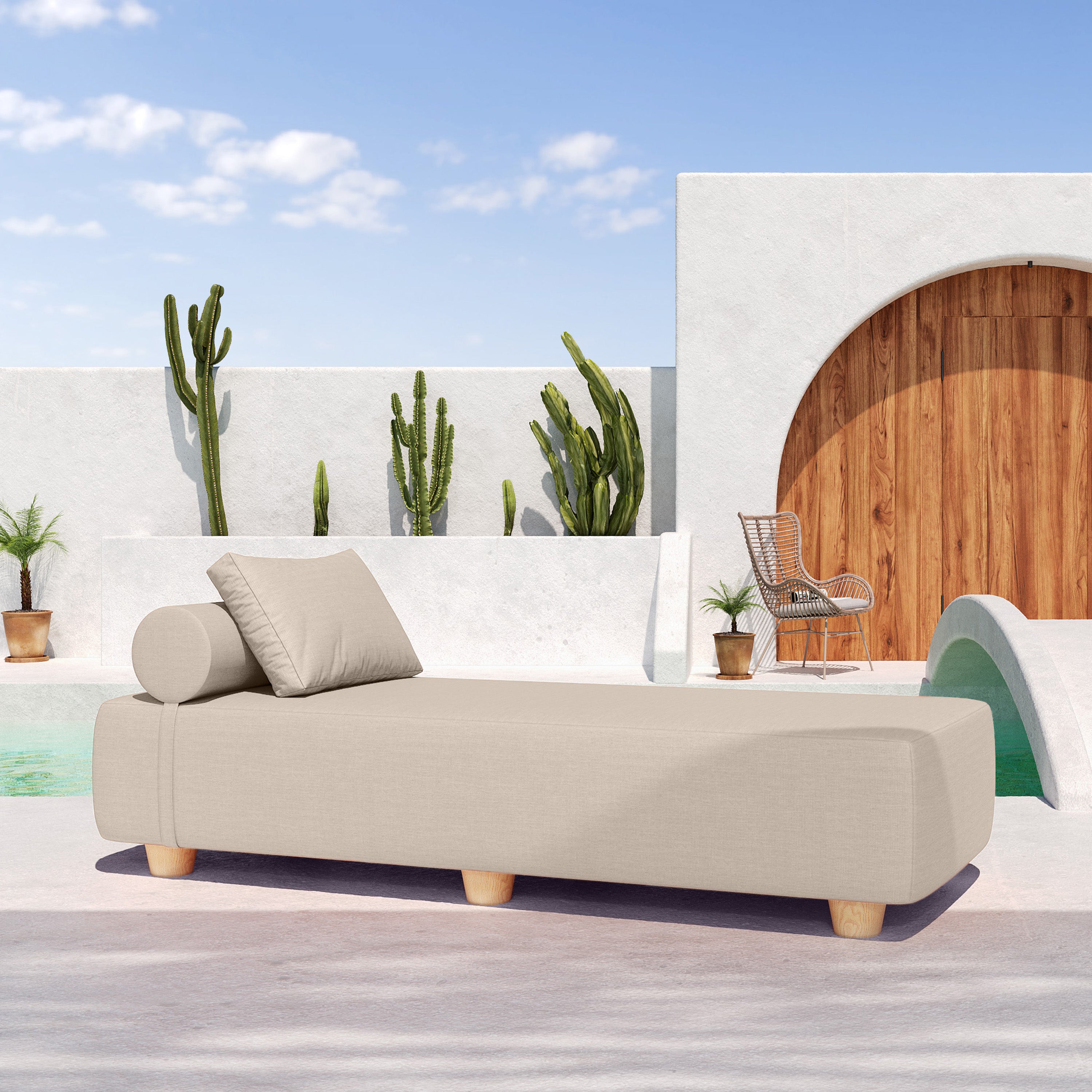 Jaxx Alvy Outdoor Sun Lounger – Luxurious Sunbed with Hevea Wood Feet, Sunbrella Flax