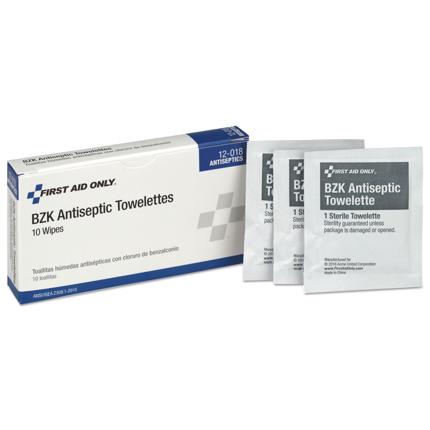 First Aid Only BZK Antiseptic Towelettes, White, 10 Towelettes per Box, Individually Wrapped, Sterile