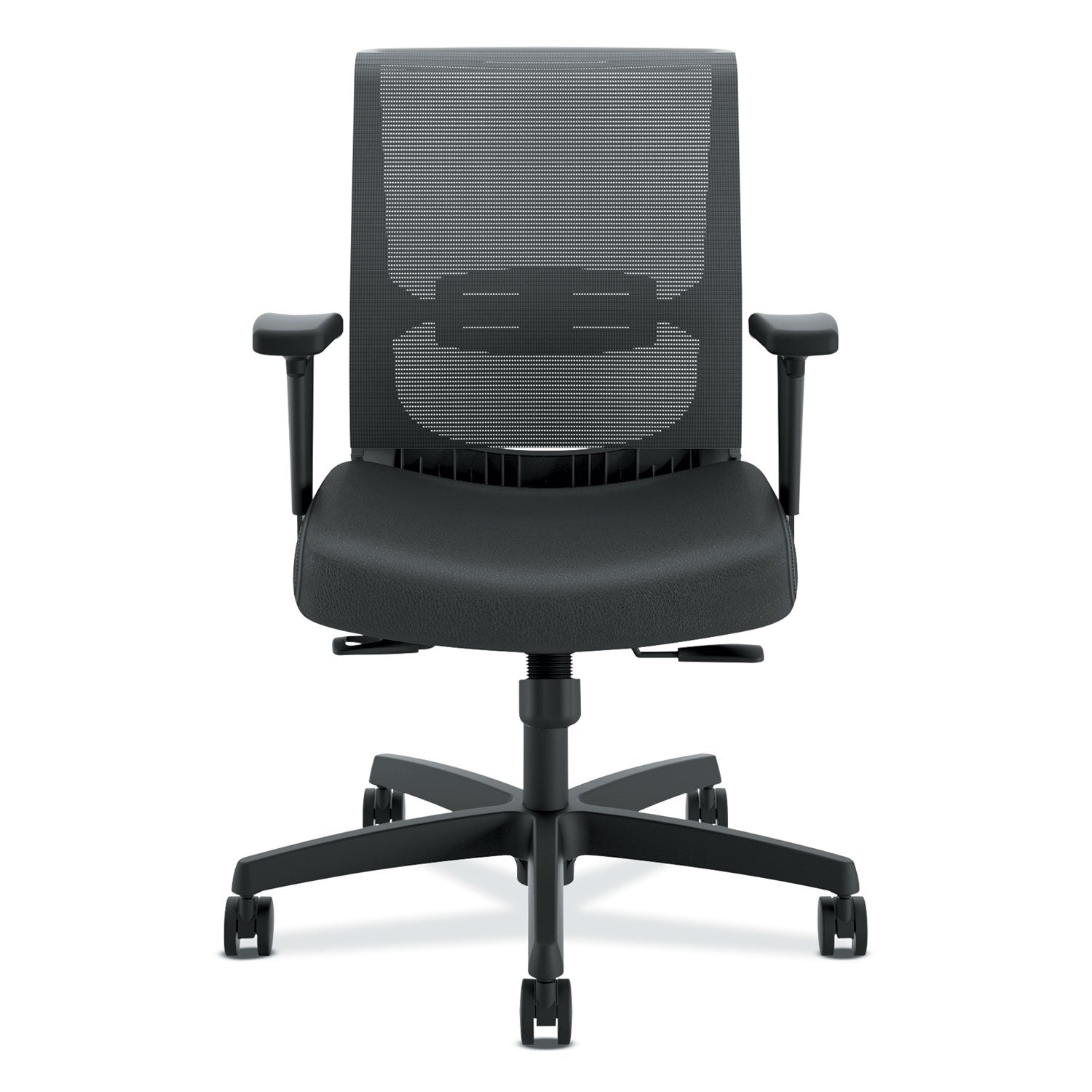 HON Convergence Chair, Vinyl Seat, Mesh Back, Adjustable Arms, Black Frame, 5-Star Base, Black, 1 Each