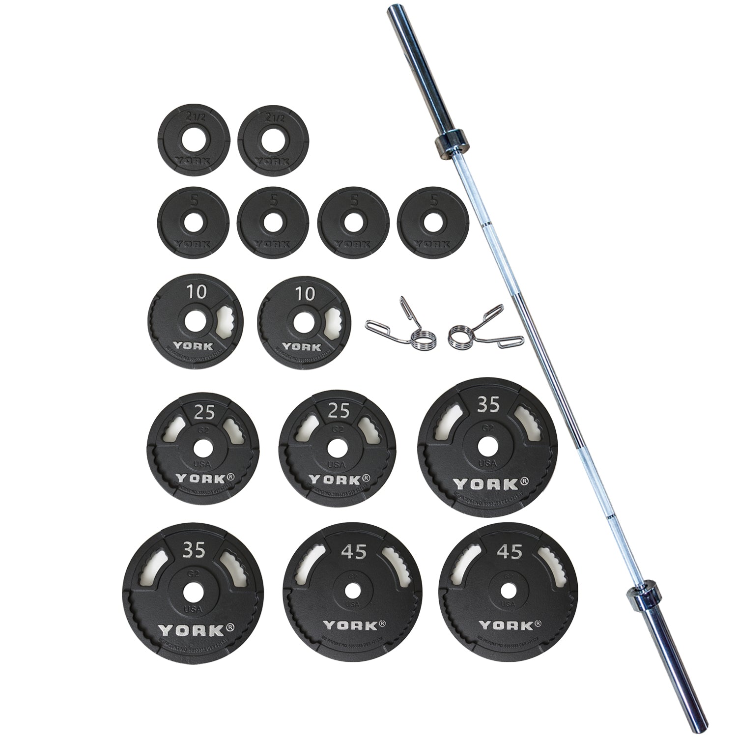 300 LB G-2 Dual Grip Thin Line Cast Iron Set (2 x 45 LB, 35 LB, 25 LB, 10 LB, 2.5 LB, & 4 x 5 LB) 2972 bar, Pair Spring collars