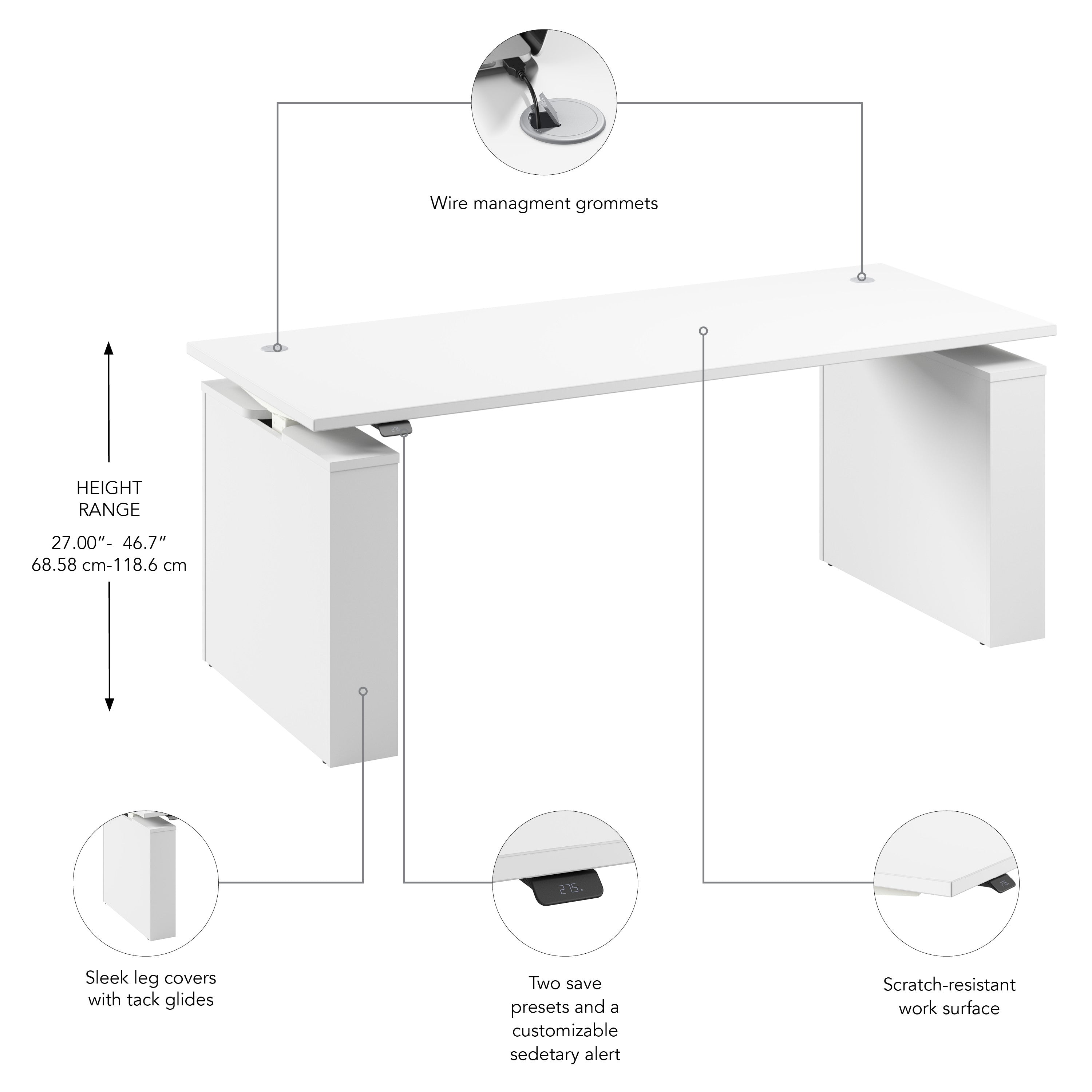 Bush Business Furniture Stratus&nbsp;72W x&nbsp;30D Electric Height Adjustable Standing Desk in White with White Base - 71.02" Width x 29.37" Depth x 27.44" Height