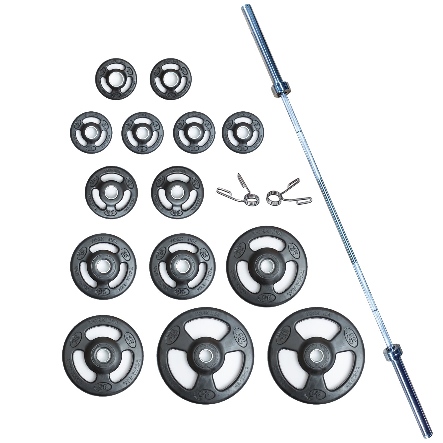 "ISO-GRIP" 300 LB International Rubber Set (2 x 45, 35, 25, 10, 2.5, & 4 x 5 LB) 2976, Pair Spring Collars - Black