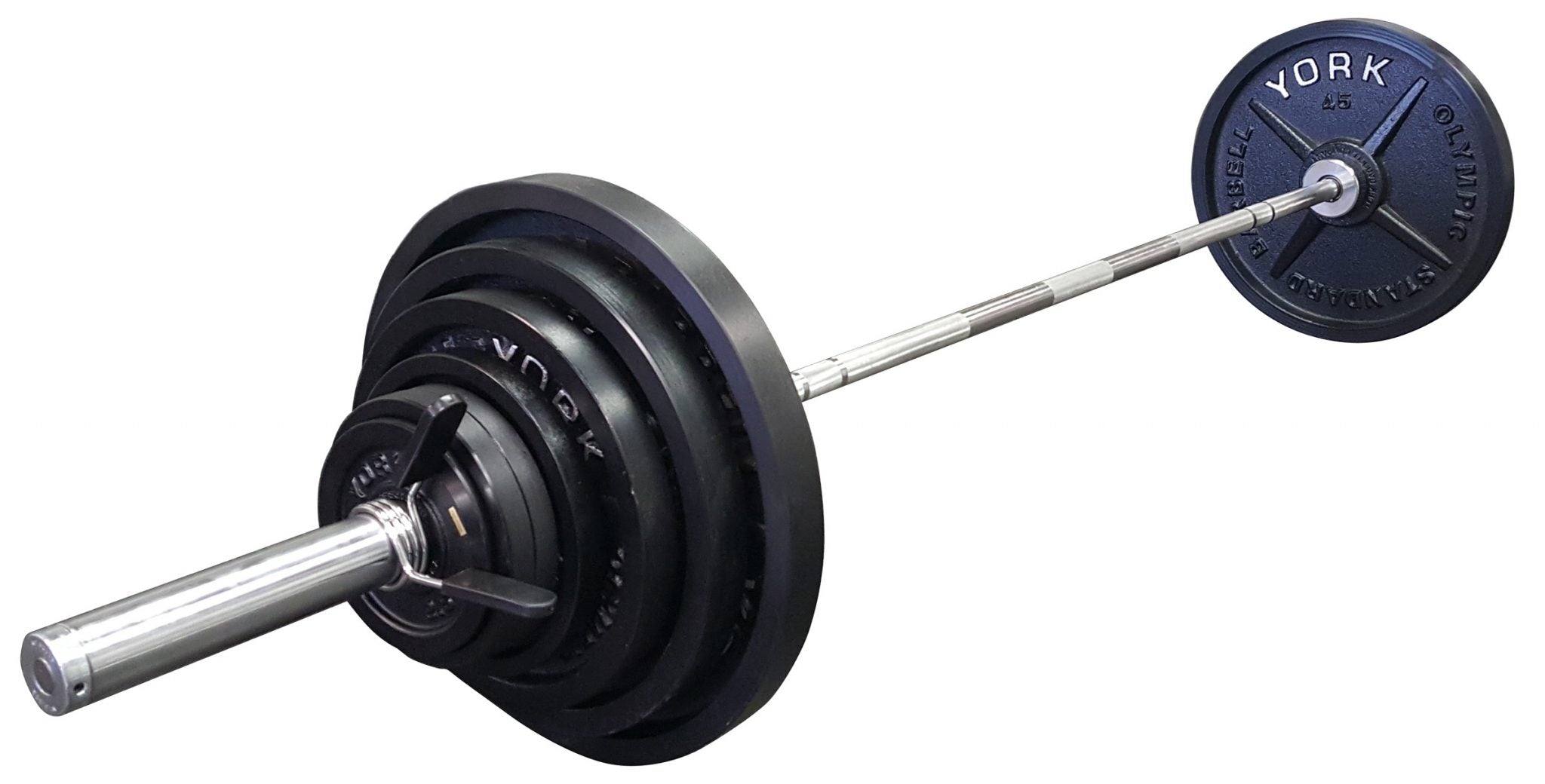 "Legacy" 300 LB International Set (2 x 45 LB, 35 LB, 25 LB, 10 LB, 2.5 LB, and 4 x 5 LB) 32004, Pair Spring Collars - Black