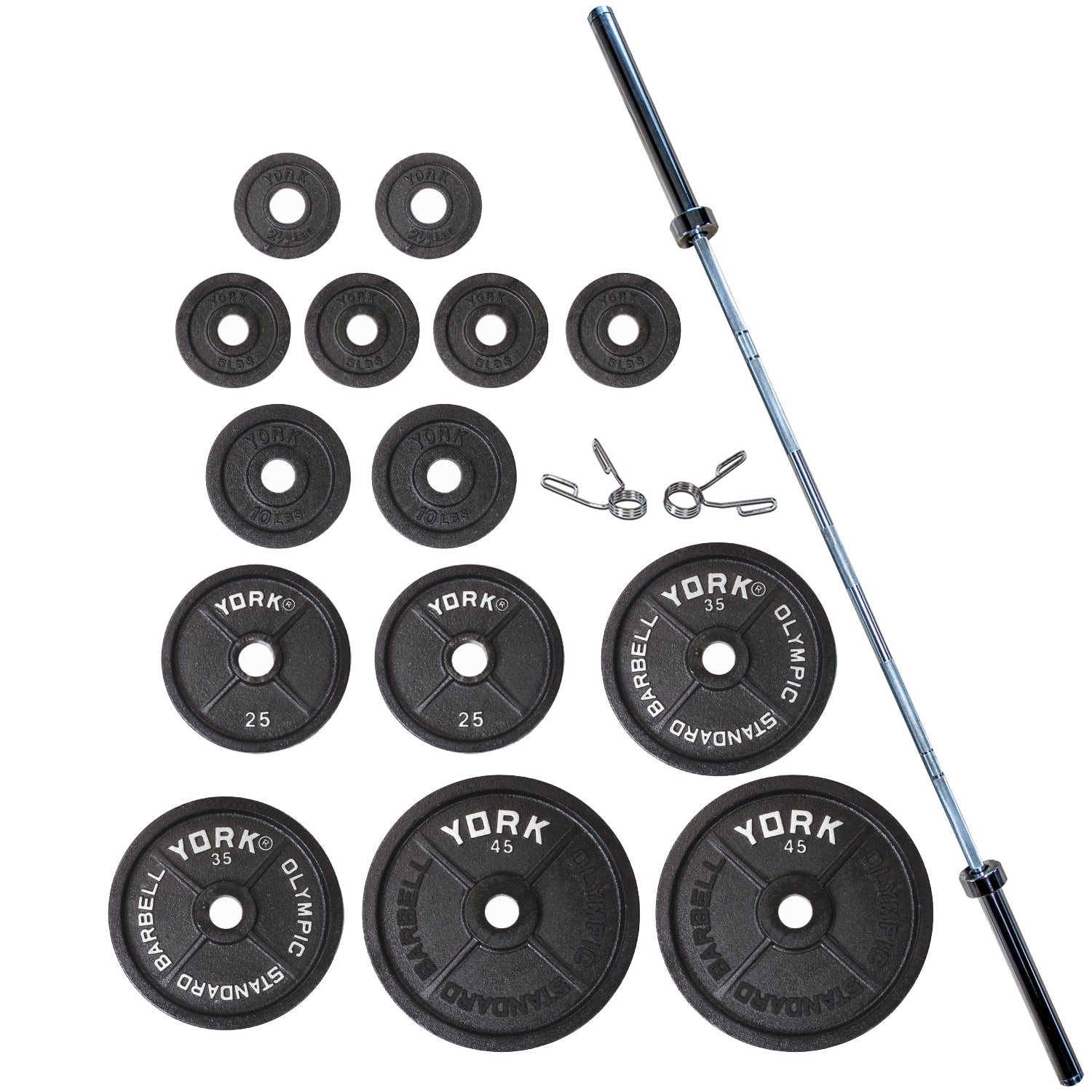 "Legacy" 300 LB International Set (2 x 45 LB, 35 LB, 25 LB, 10 LB, 2.5 LB, and 4 x 5 LB) 32004, Pair Spring Collars - Black
