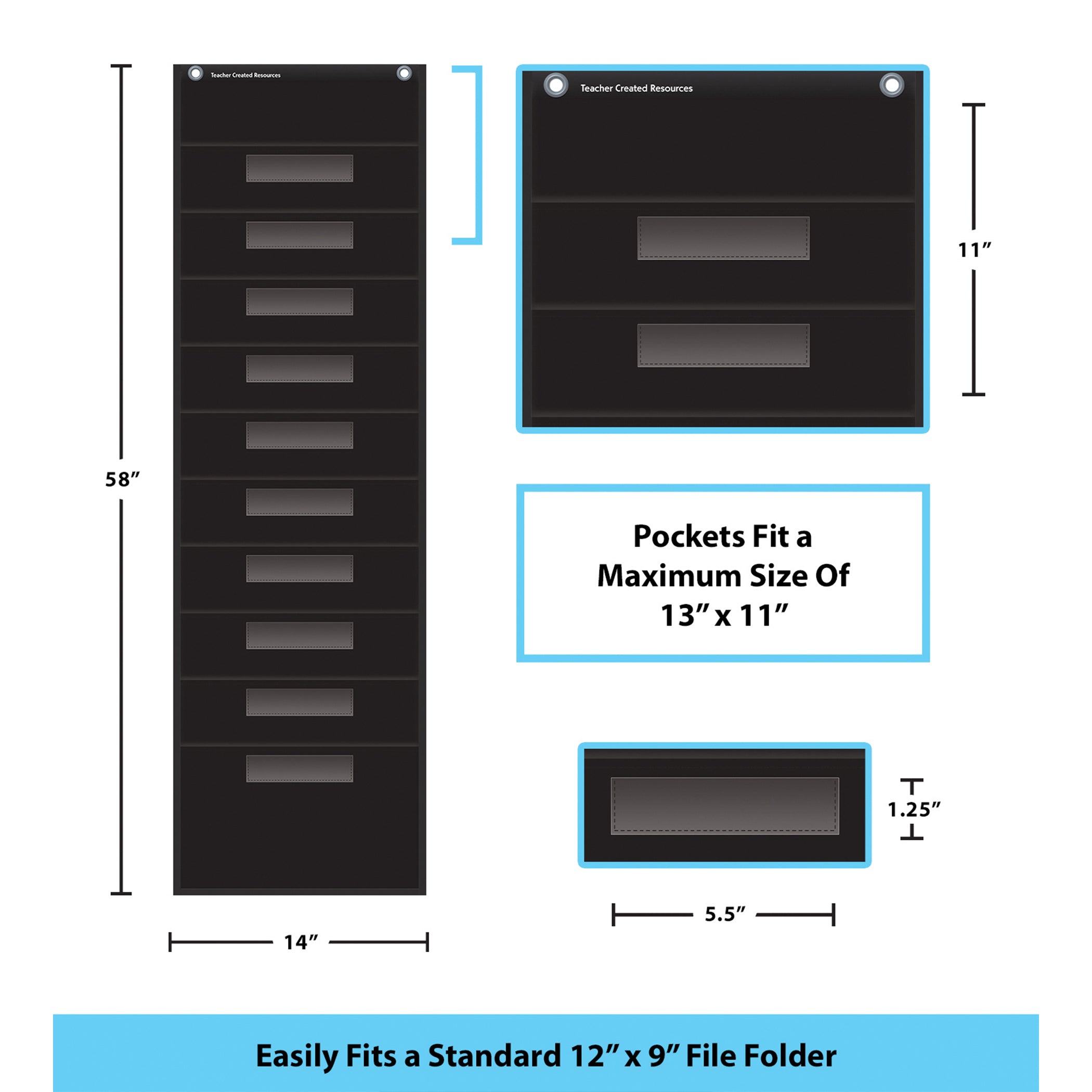Black 10 Pocket File Storage Pocket Chart (14" x 58")