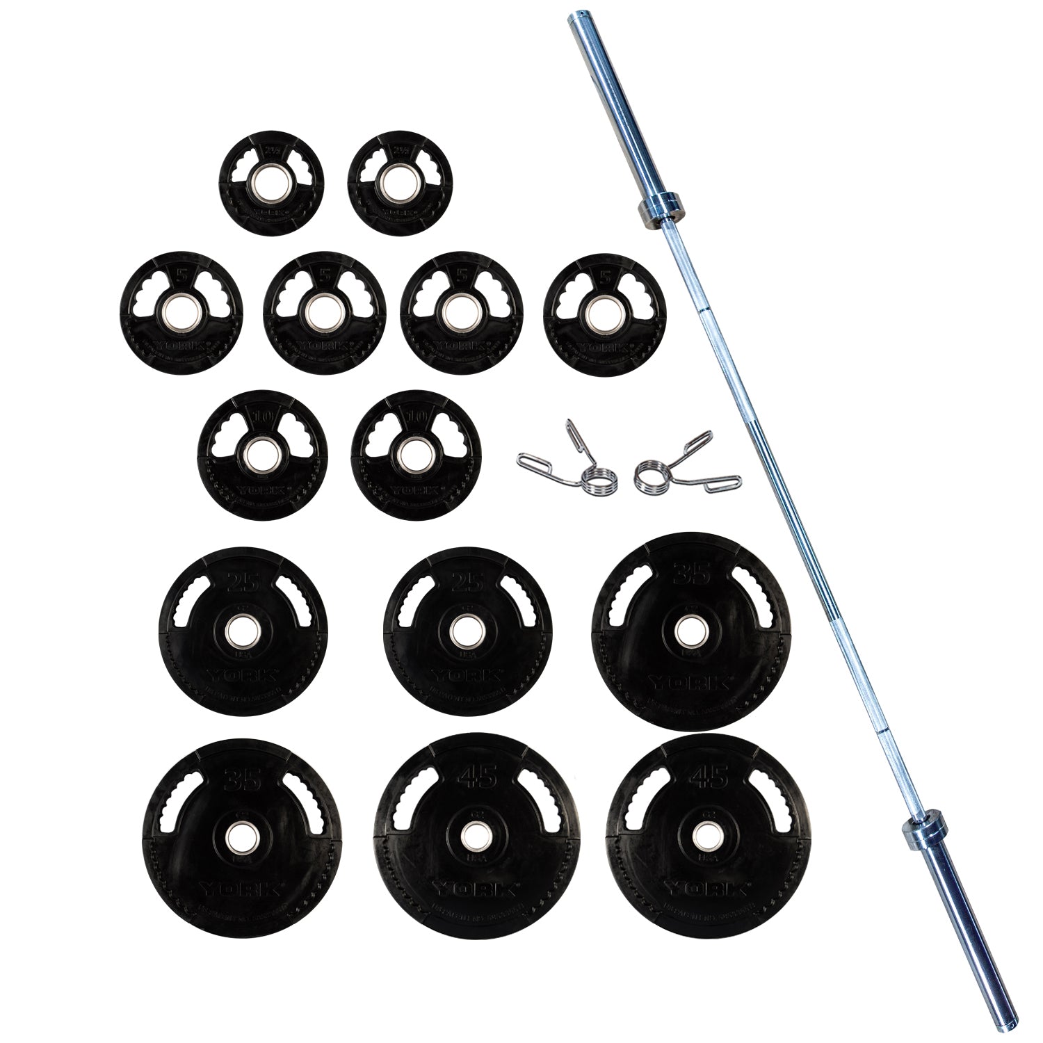 300 LB G2 Dual Grip Thin Line Rubber Encased Set (2 x 45 LB, 35 LB, 25 LB, 10 LB, 2.5 LB, & 4 x 5 LB) 2976 bar, Pair Spring collars